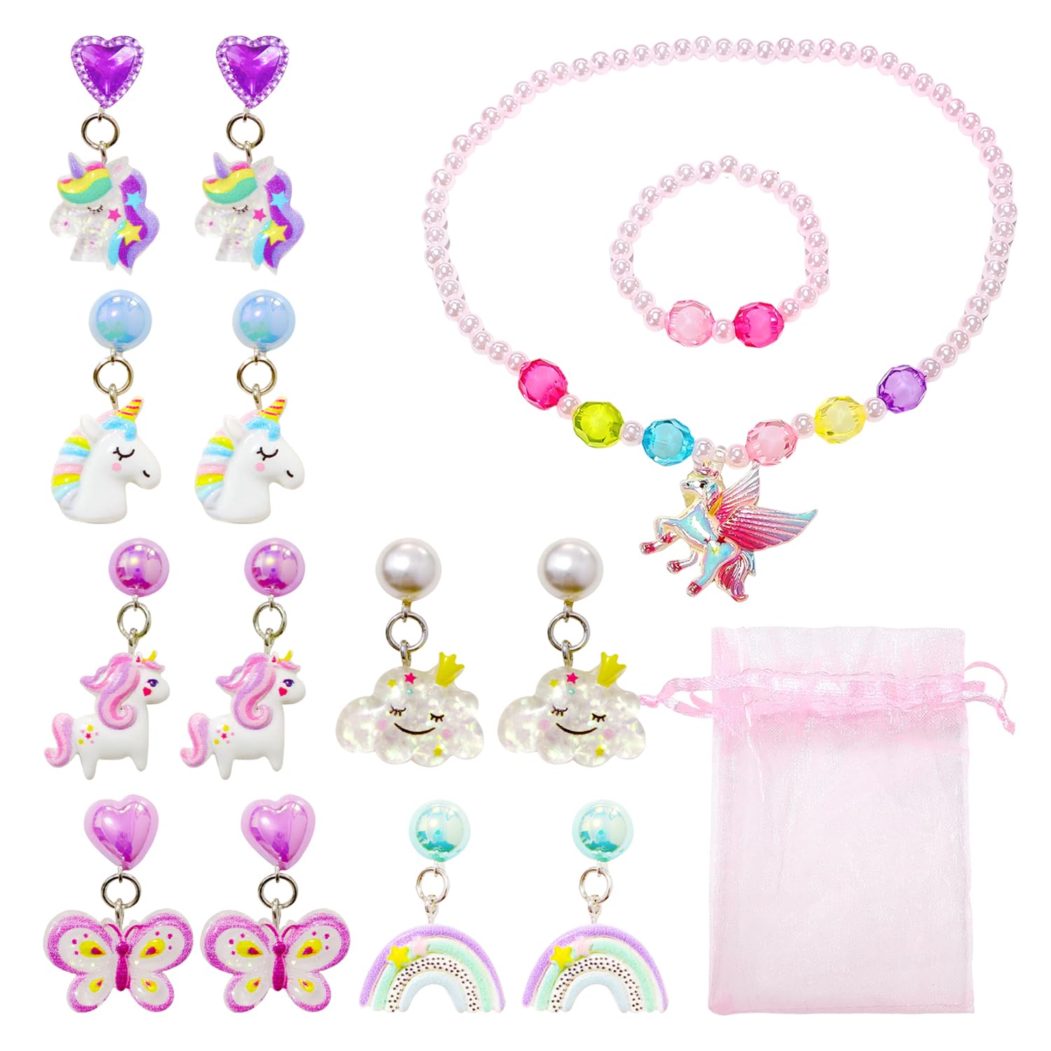 6 Pairs Cute Princess Earrings, 1 Set Necklace Bracelet Set, Cartoon Kids Ear Clips, Pony Pendant Necklace, Girls Jewellery Gift