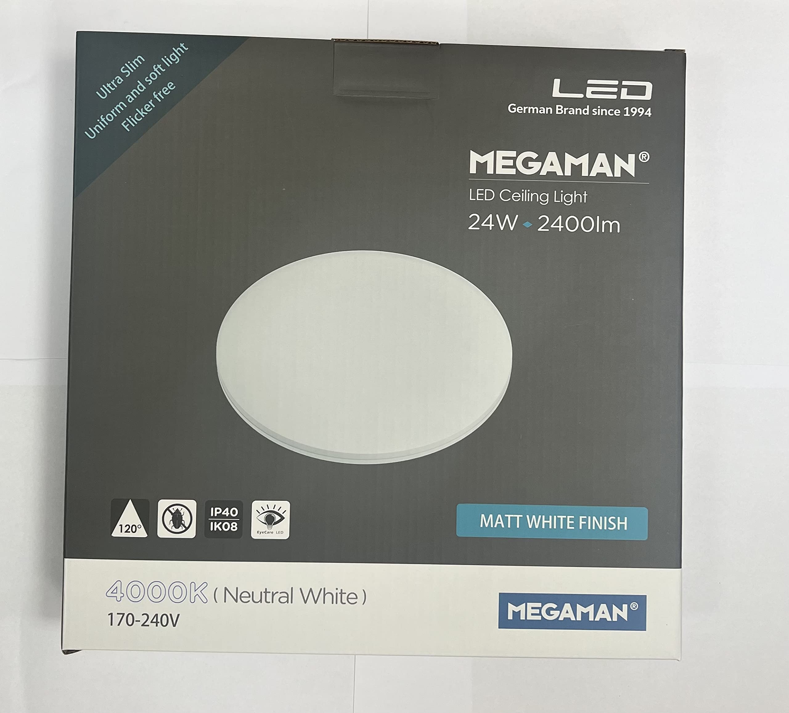 Megaman LED 24W 4000K 240lm IP40 170-240V 25000hrs LIFE MXL1075 Ceiling Light, Cool White