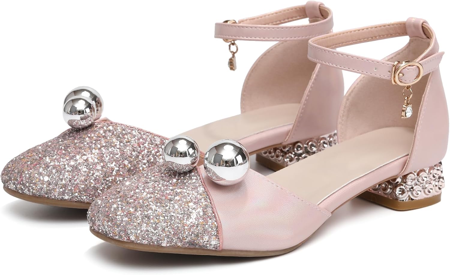 AOQUNFS Girls Dress Shoes Sequin Latin Ballroom Dance Shoes Mary Jane Low Heels Wedding Party Sandals,DS-1868
