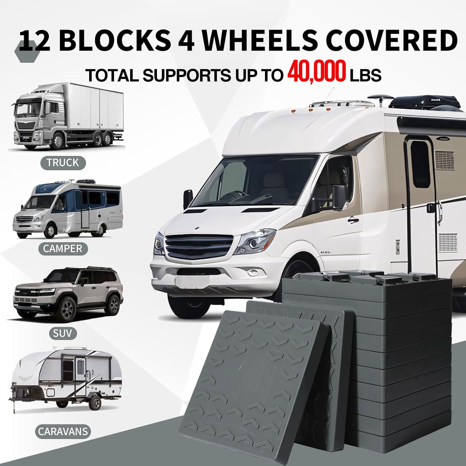 Bloques de nivelación para caravana/caravana, 12 paquetes adecuados para 4 ruedas, diseño entrelazado y antideslizante con bolsa de transporte, resistente para remolque de viaje de caravana,