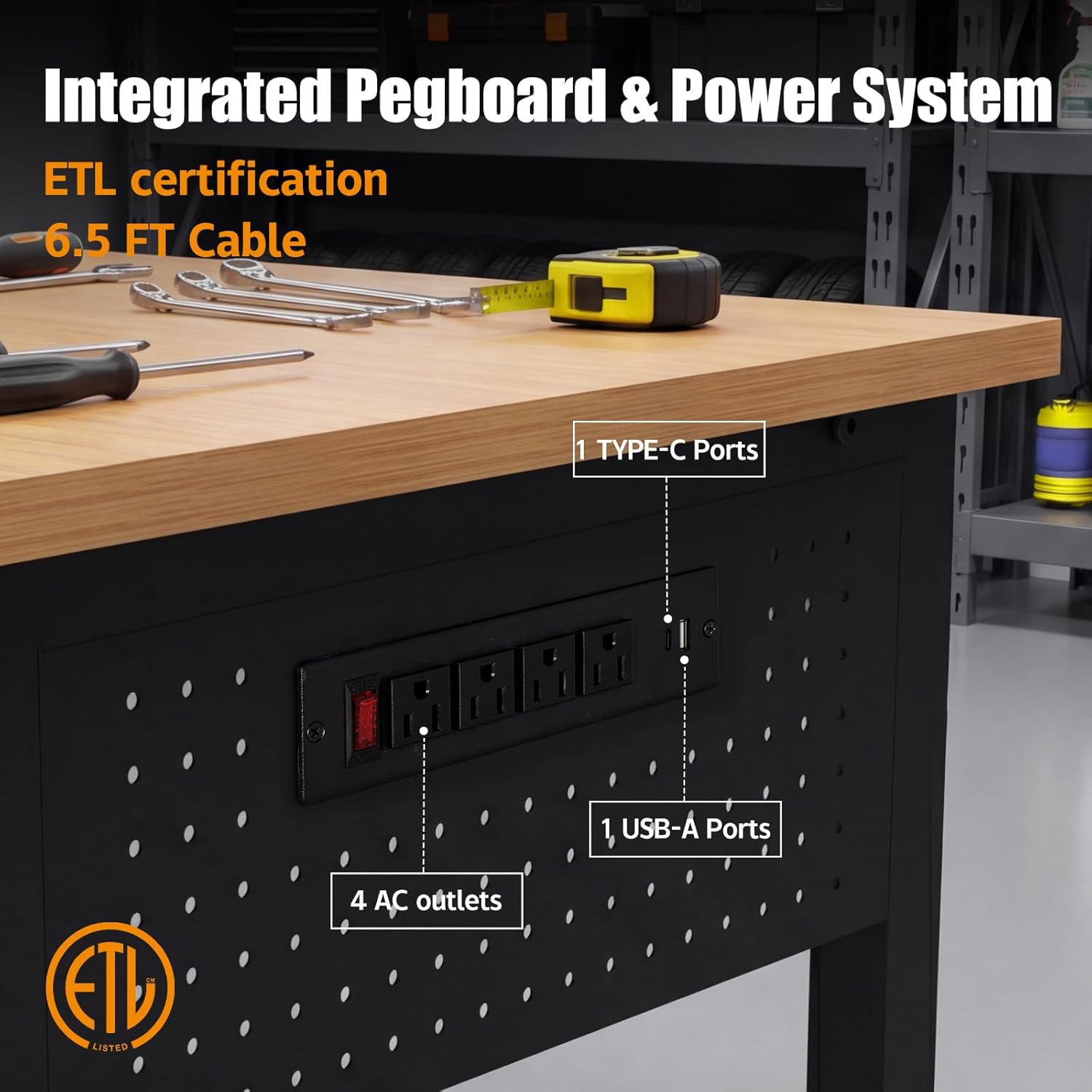 70"x47" L-Shaped Heavy Duty Work Bench, 3300 LBS Load Capacity Heights Adjustable Workbench, Work Benches for Garage with Power Outlet & Pegboard, Rubber Wood Work Table for Office, Workshop, Home