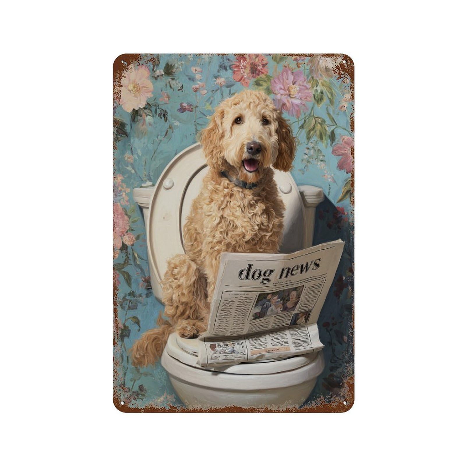 Dog on Toilet Reading Newspaper-1 Vintage Rust Metal Sign 11.8"x7.9", Shabby Chic Decor for Shed, Workshop And Garage Wall Decor