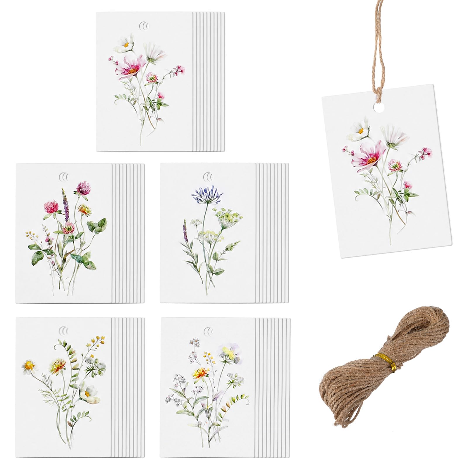 Tyqour 50 PCS Floral Blank Gift Tags with String 10m 3×2 inch