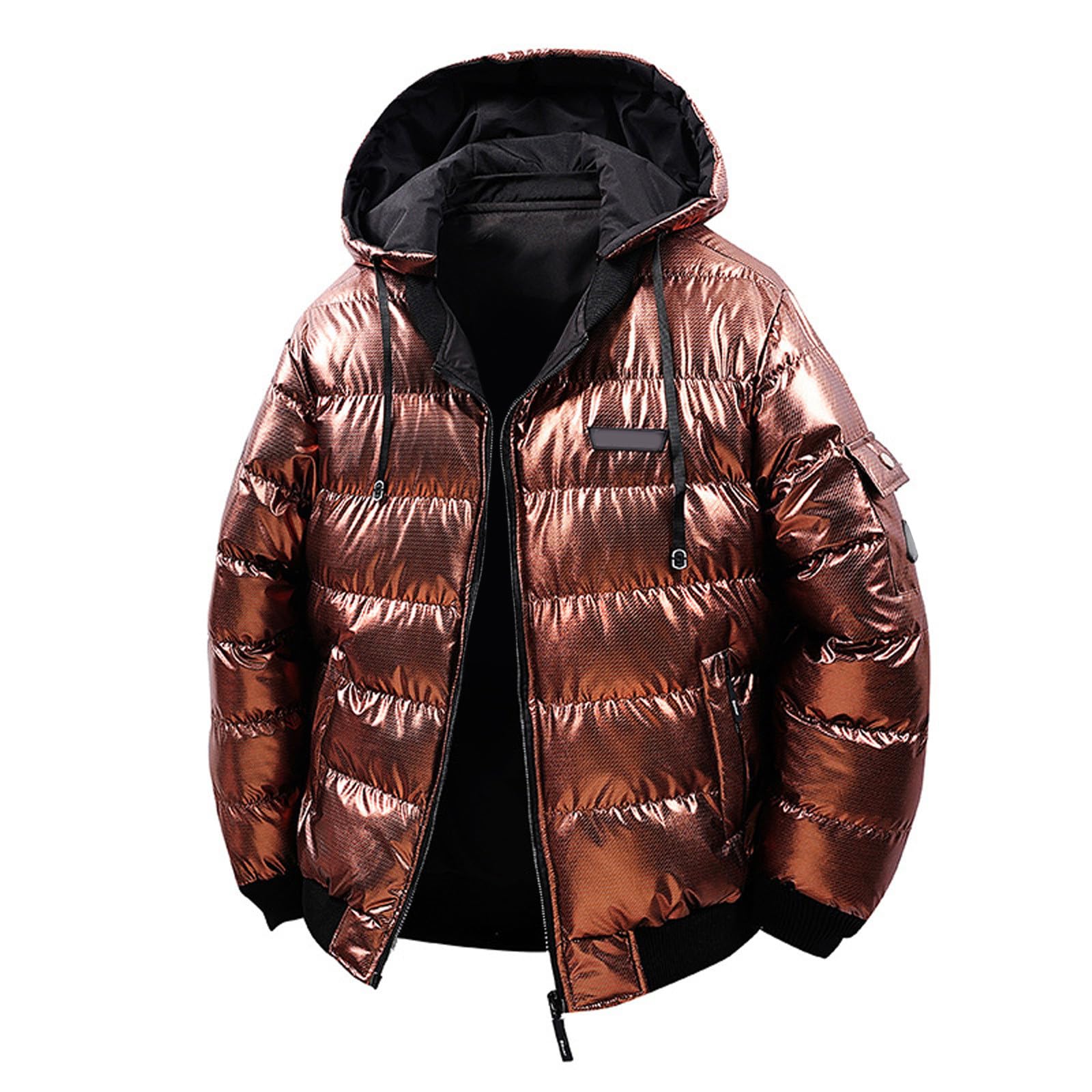 Generisch Piumino da uomo lucido, giacca con cappuccio, tinta unita, con colletto alto, caldo, imbottita, giacca trapuntata, giacca invernale, per l'inverno metallizzato, Thickened Shiny Detachable