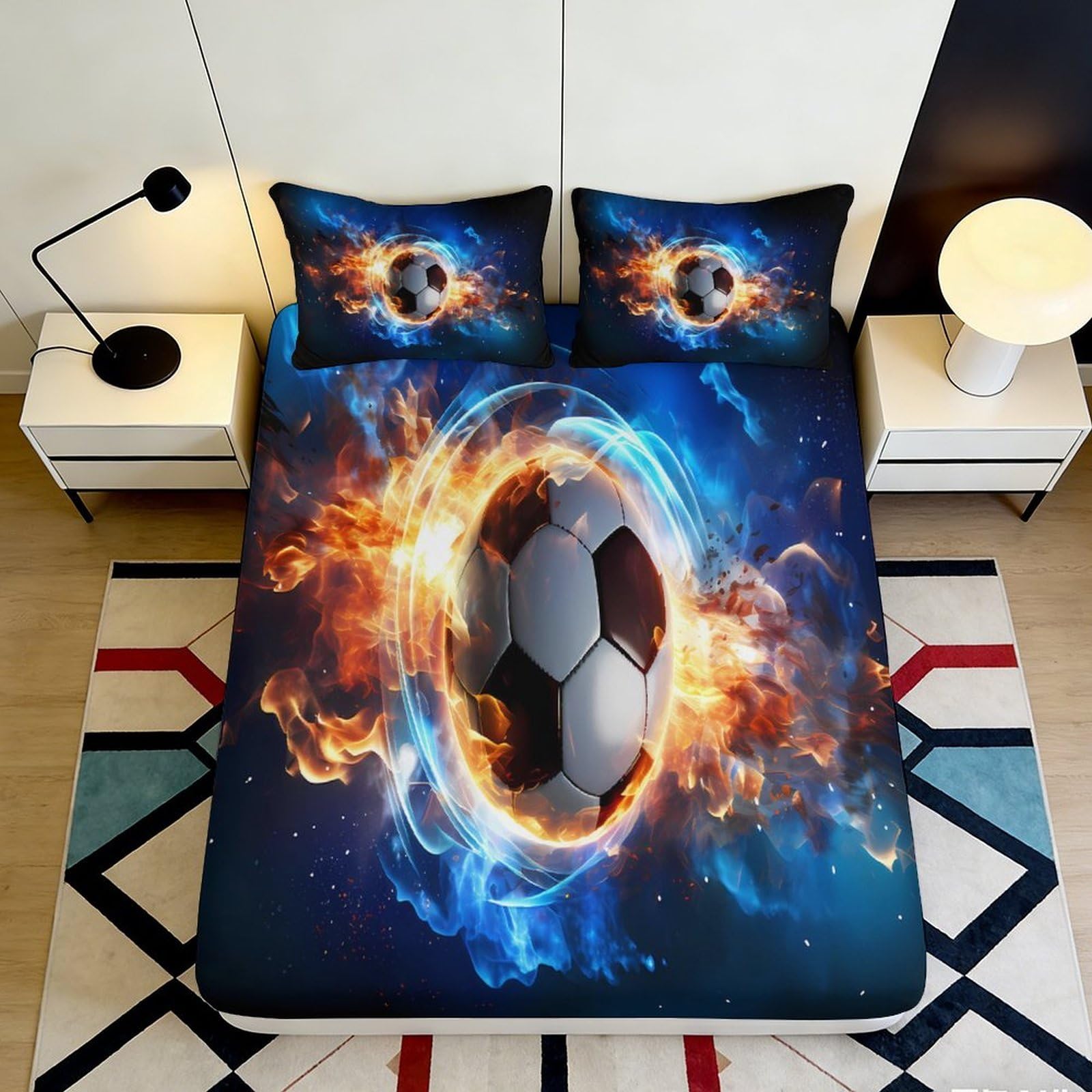 3D Printed Fire Soccer Fitted Sheet Microfiber Soft Mattress Cover Blue Flame for Bedroom Dorm Easy Care Decor 90x200x25cm