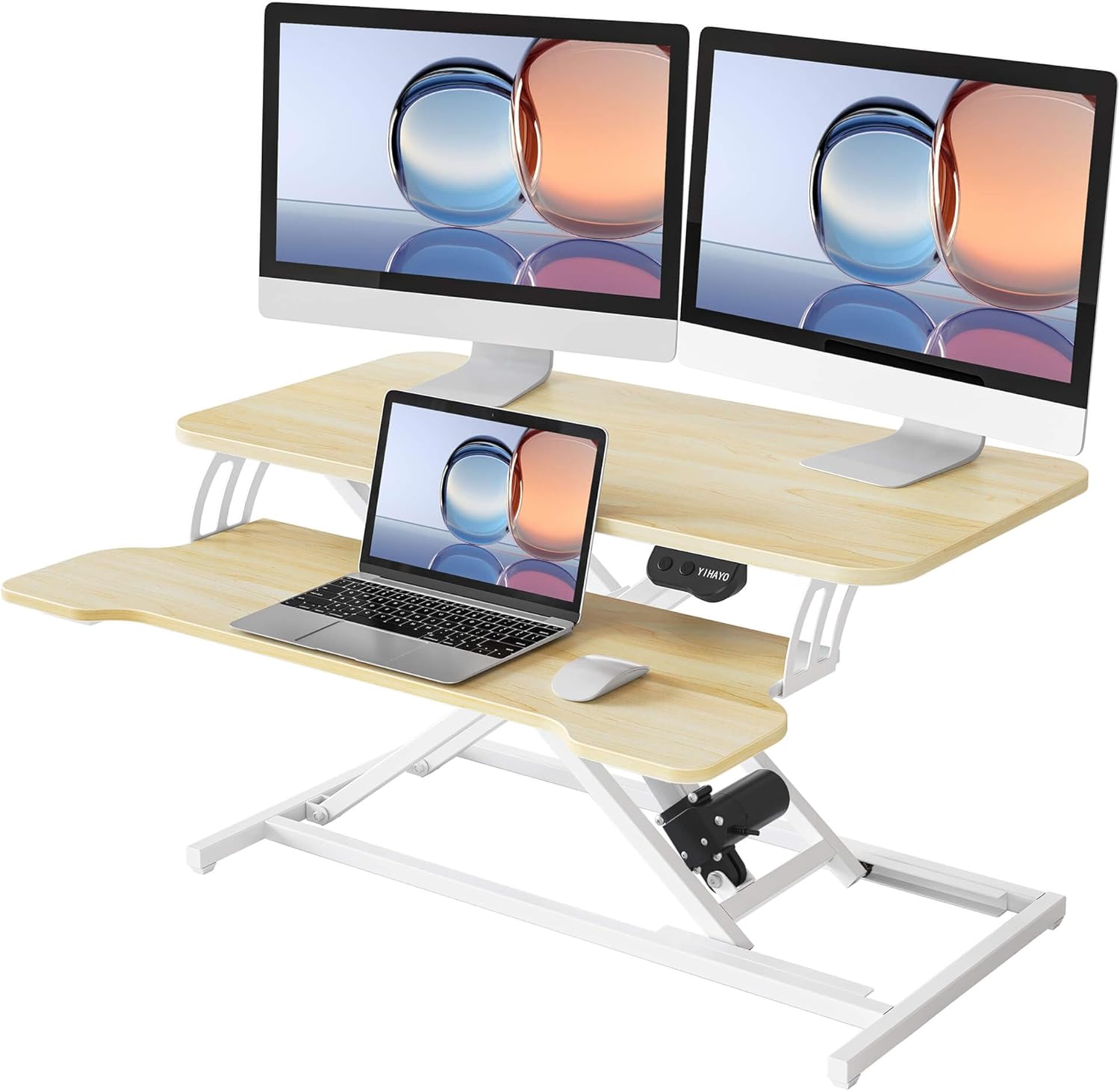 YIHAYO Electric Standing Desk Converter 32 inch, Sit to Stand Up Height Adjustable Desk Riser, Quick Sit to Stand Tabletop Dual Monitor Riser Workstation for Home Office with Keyboard Tray, Natural