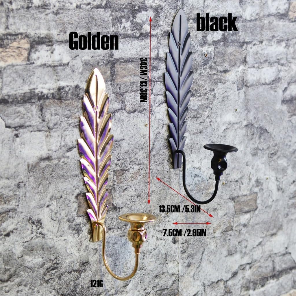 2PCS Elegant Black Metal Wall Candle Sconces, Leaf Shape Decorative Candlestick