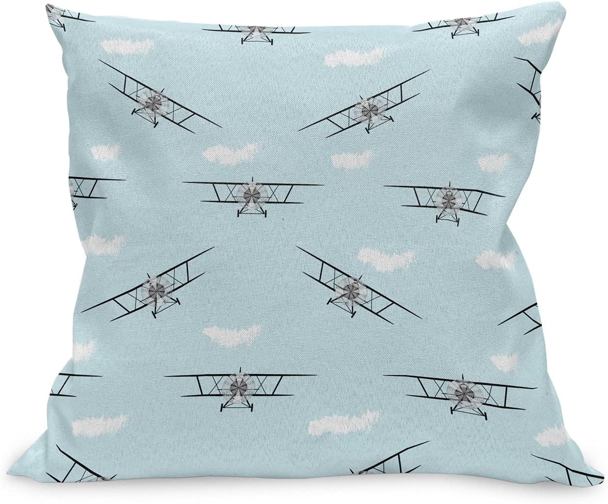 Ambesonne Airplane Throw Pillow Cushion Case, Old Aircraft Biplanes in Blue Sky Speedy Propellers Wings Retro Design, Decorative Square Accent Pillow Cover, 20″ X 20″, Pale Blue Black White
