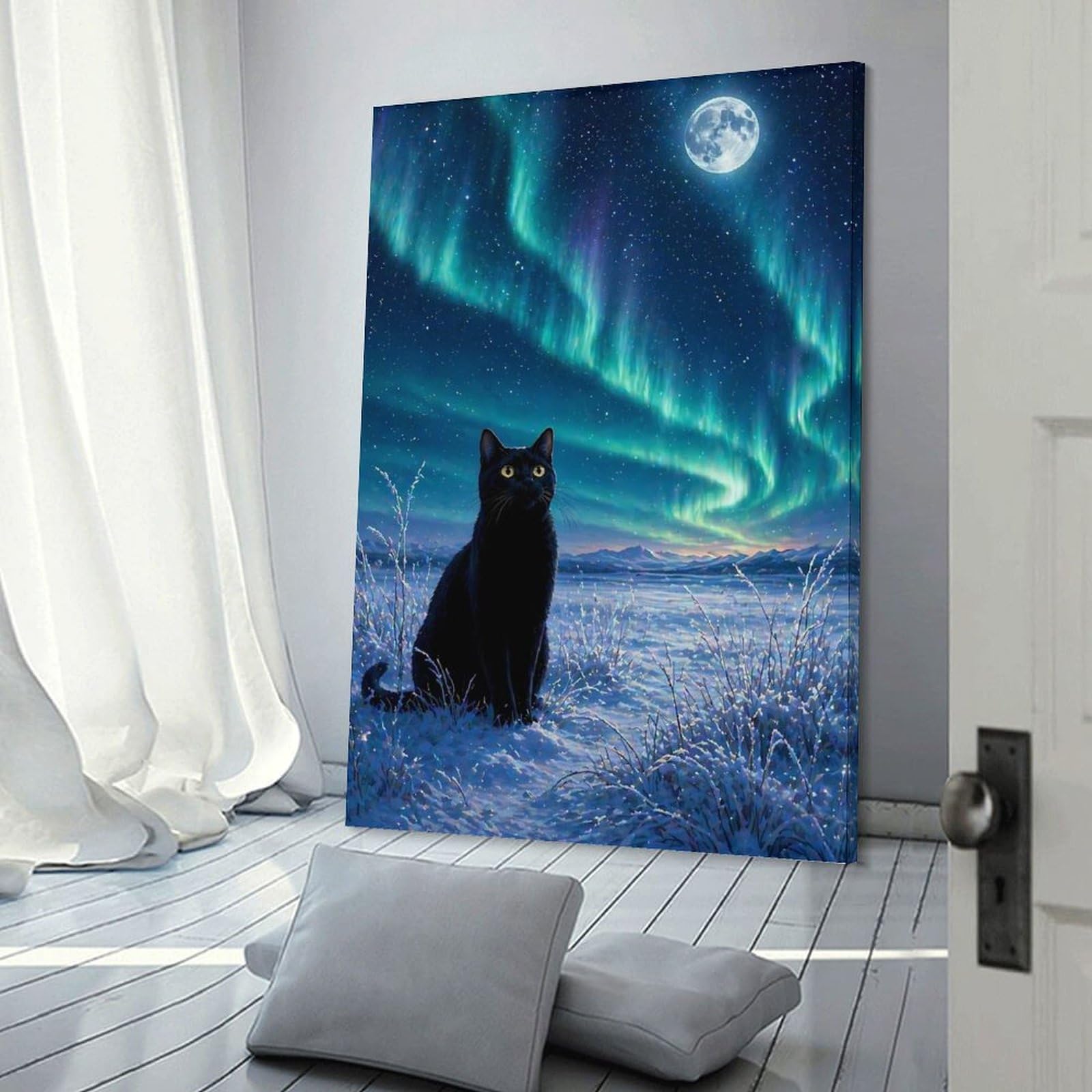 Junmoney Black Cat Under The Aurora Borealis Wall Art Print 24x36inch(60x90cm), for Art Walls, Layered Displays Or Homes, Wall Decor Suited to Curated Displays