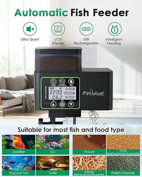 Automatic Fish Feeder for Aquarium - 230/510ml Timer Fish Feeder Dispenser with 0.1-2g Precision Feeding, Moisture-Proof Auto Fish Feeder with Feed Cleaning & Shortage Alert, USB Rechargeable - 2