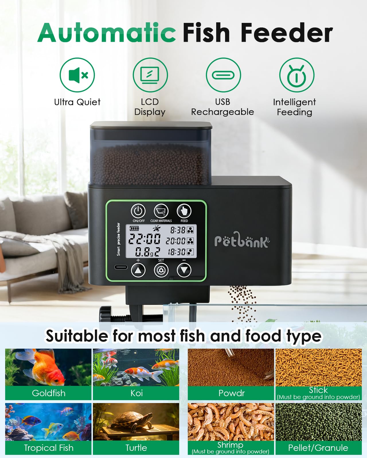 Mangiatoia Automatica Acquario-230/510ml Distributore Automatico Cibo Pesci con Alimentazione di Precisione 0.1-2g,Mangiatoia Acquario Antiumidità con Pulizia e Allarme Scorte,Ricaricabile Usb