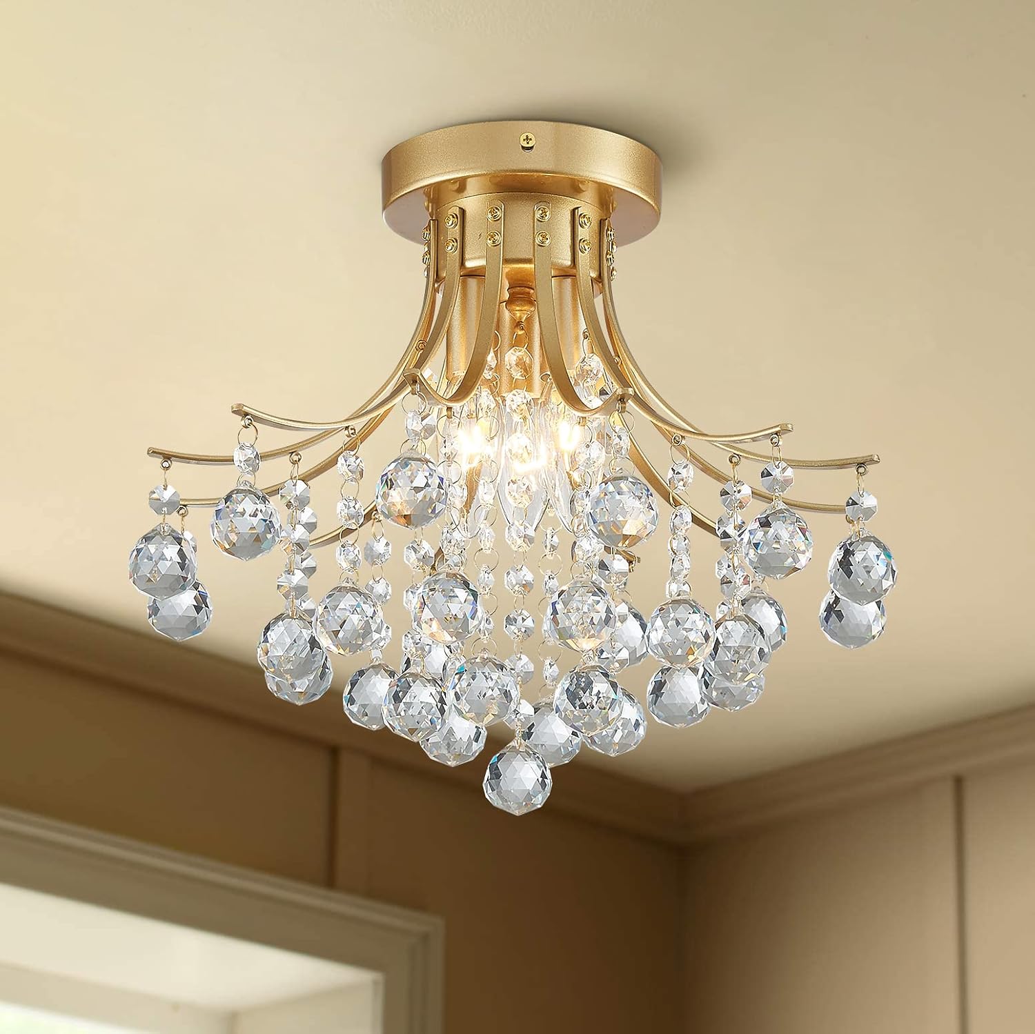 Bestier Modern Gold Crystal Semi-Flush Mount Chandelier Lighting Ceiling Light Fixture Lamp for Diningroom Bathroom Bedroom Livingroom 3 E12 Bulbs Required D13.5 inch X H11.6 inch