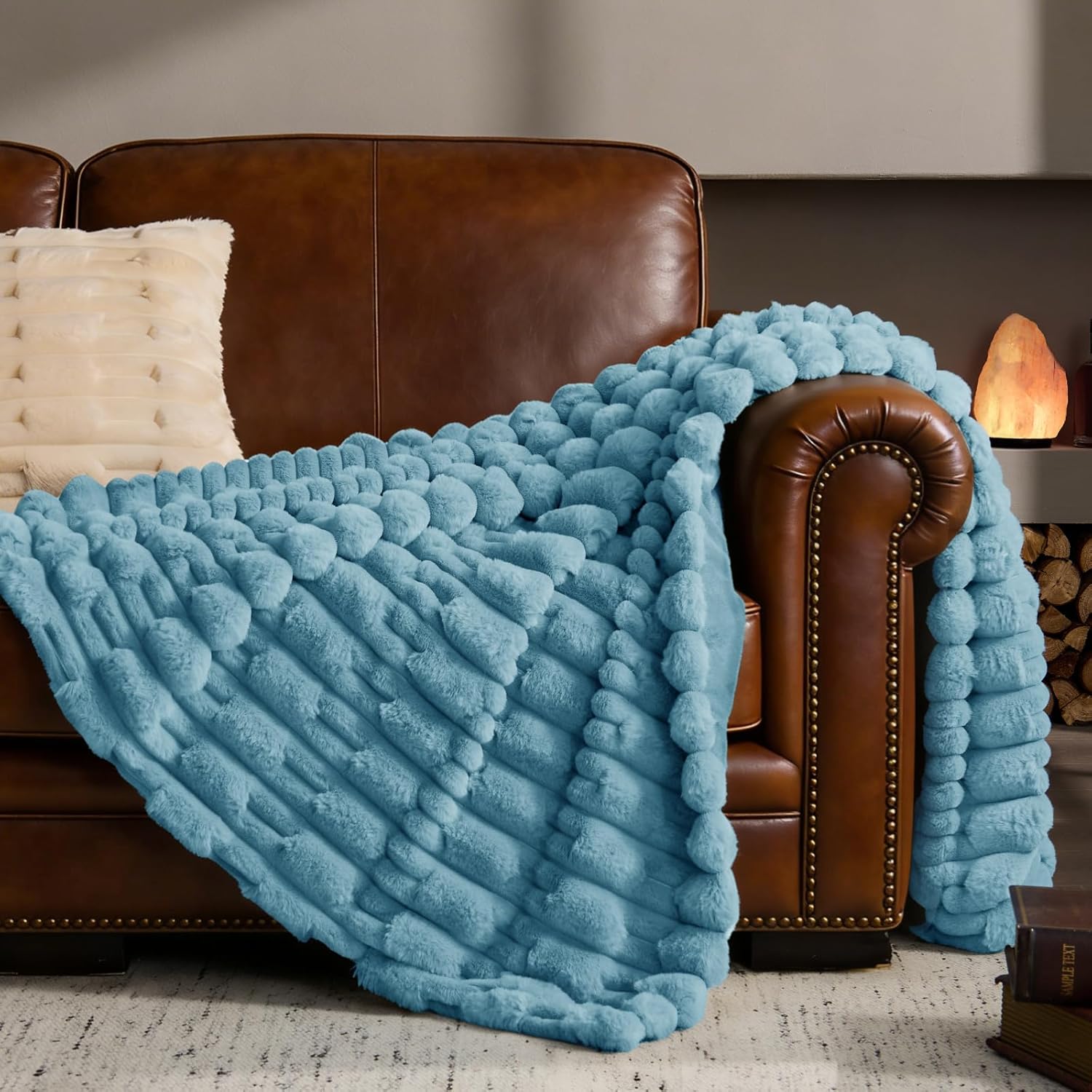 BEDELITE Faux Fur Throw Blanket for Couch - Super Soft & Cozy Plush Striped Blanket for Sofa and Room Decor, Luxury Fluffy All-Season Blankets Gift for Women, Men, Mom, Dad, 50x60 inch, Light Blue