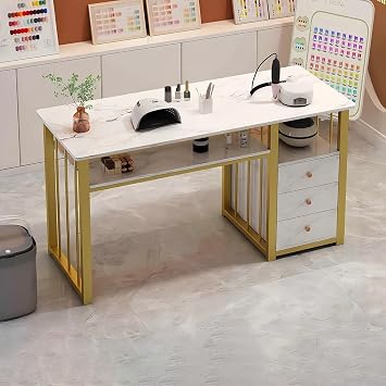 Nail Desk, Manicure Table Nail Station with Gold Frame, Marbling Texture Manicure Desk, Acetone Resistant Nail Tech Desk for Beauty Salon Spa or SalonGold-C,100 * 40 * 76CM