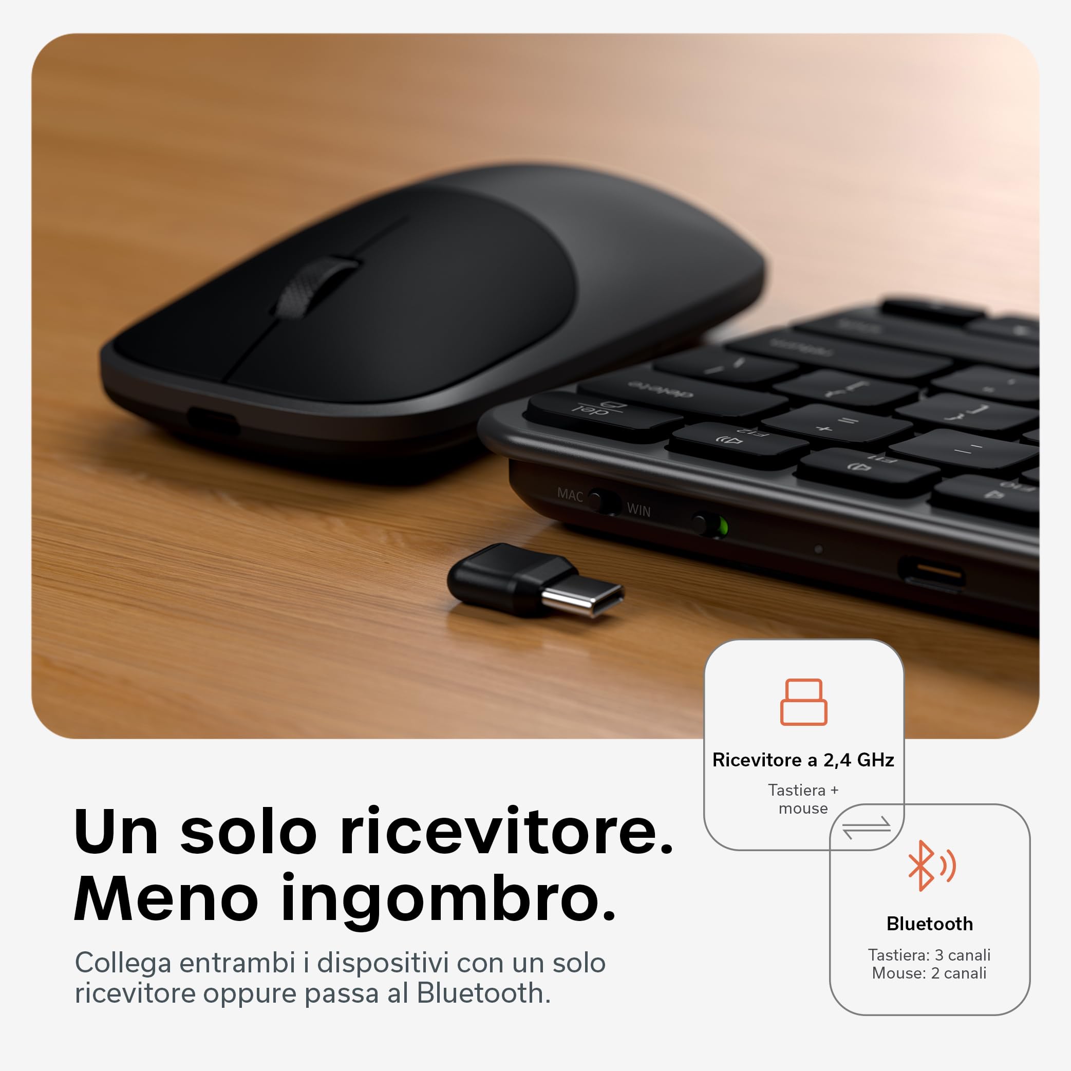 Satechi Combo Tastiera e Mouse Wireless Slim CEX1, QWERTY US, Nero | Layout Americano, Bluetooth multi-dispositivo, ricevitore USB-C, per Mac, Windows e altro