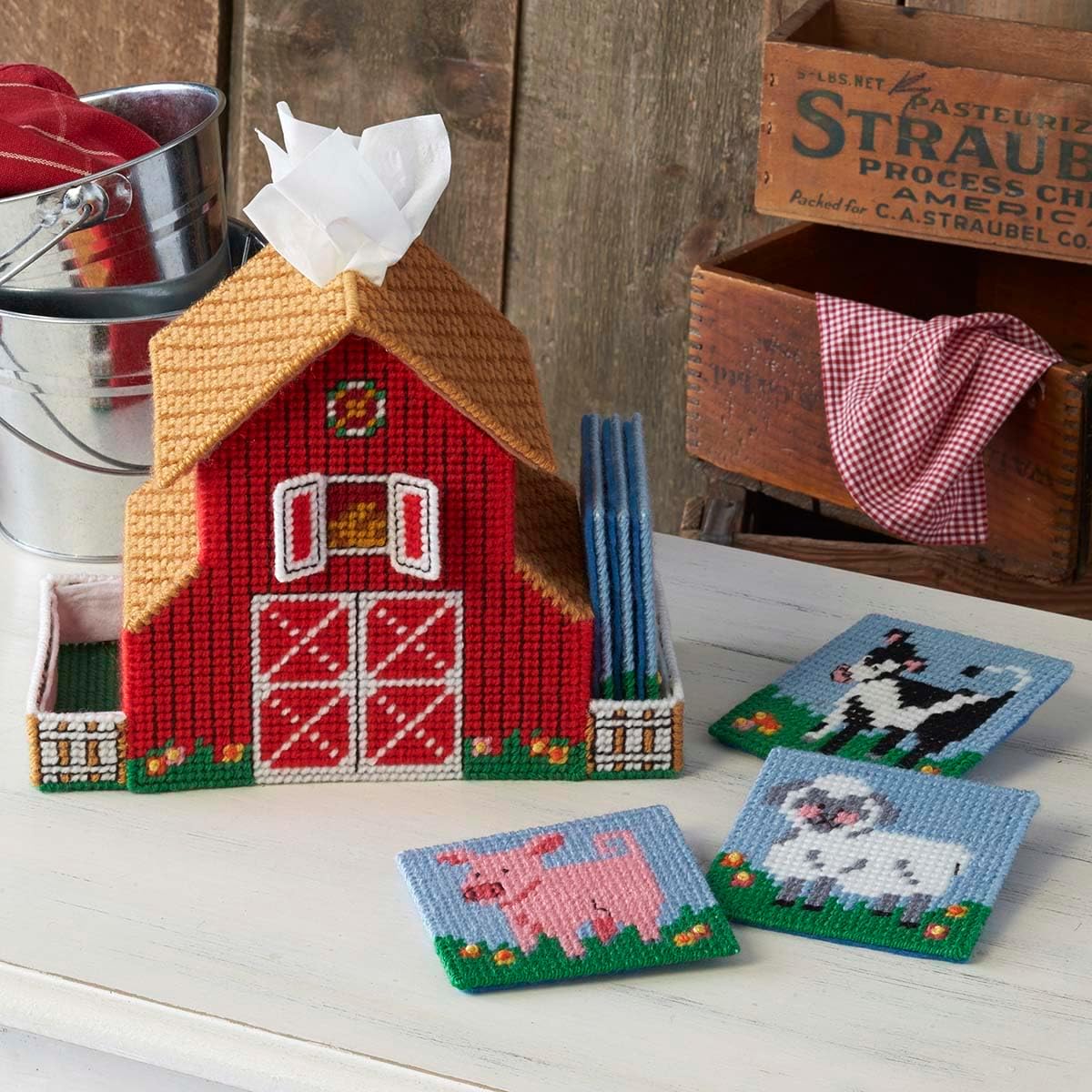 Herrschners Barnyard Tissue Box & Coasters Plastic Canvas Kit