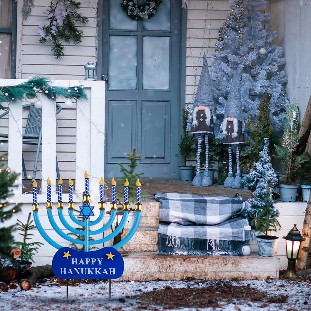 hogardeck Hanukkah Outdoor Decorations, Menorah Metal Dreidel Decorative Garden Stakes for Jewish Chanukah Decor, Happy Hanukkah Yard Signs for Christmas Garden Lawn Patio
