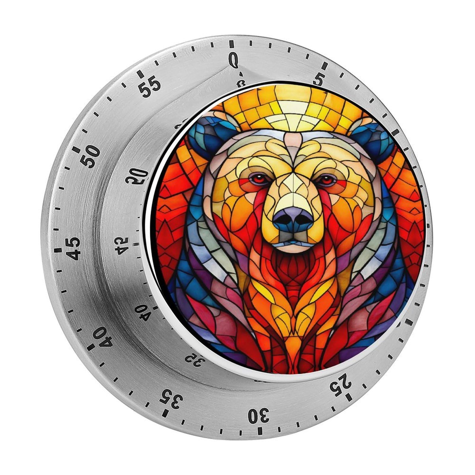 Stained Glass Bear 60 Minute Wind Up Timer,Visual Mechanical Magnetic Timer with Loud Alarm for Kitchen