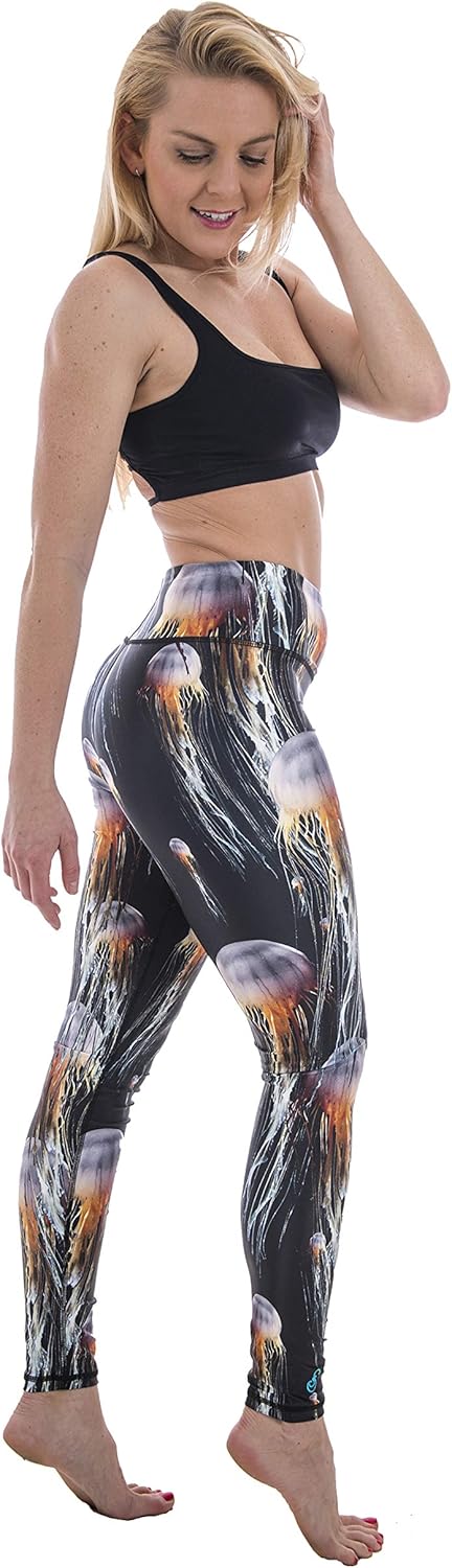 Slipins Sea Legs Leggings for Women, High-Waisted Leggings with UPF Protection, Perfect for Yoga, Surfing, Diving, Snorkeling, Gym, and Other Activities, Jammin Jellies, Large