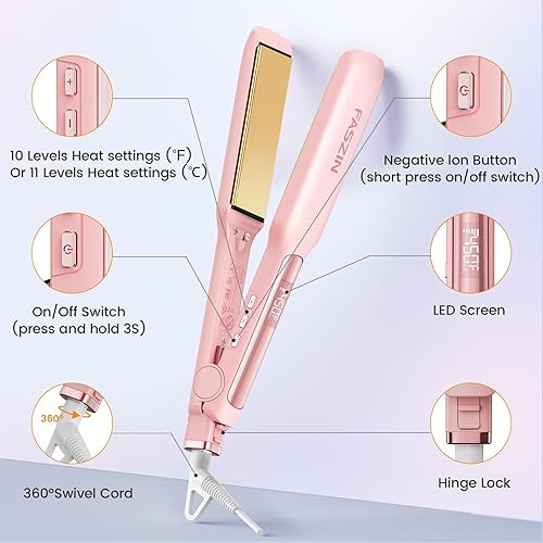 Miniatura 7 de Faszin Plancha de pelo profesional, placa ancha de 1.65 pulgadas, plancha plana de iones negativos de titanio, calentamiento rápido de 30 segundos,