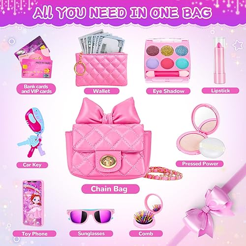Miniatura 2 de Bolso para niña con kit de maquillaje para niños, mi primer juego de bolso con bolsa de cadena y más juguetes de simulación, juguetes de princesa,