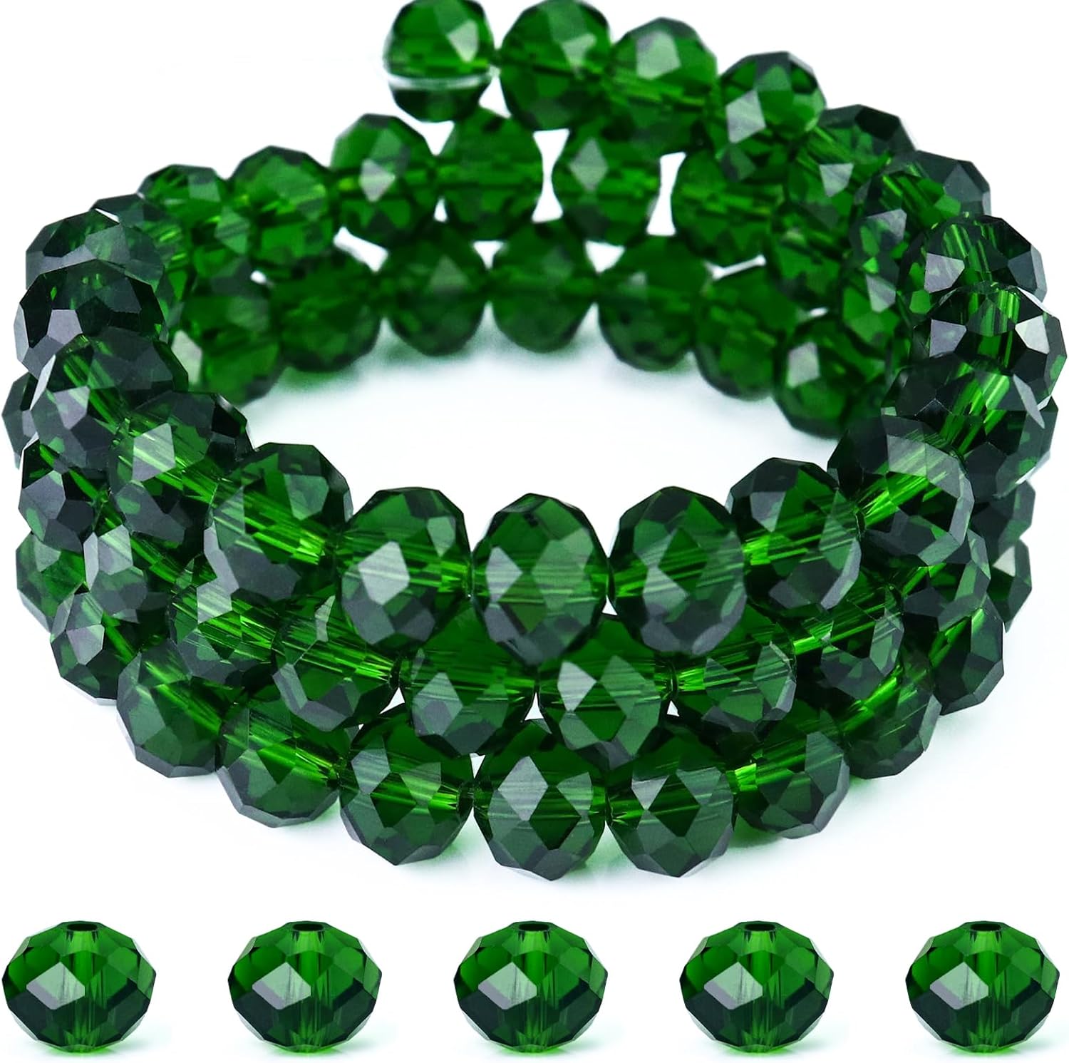 Dowarm 200PCS 8mm Briolette Crystal Glass Beads for Jewelry Making, Faceted Rondelle Crystal Beads for Crafts Wind Chimes Suncatchers Wine Charms, Loose DIY Spacer Beads, Dark Green