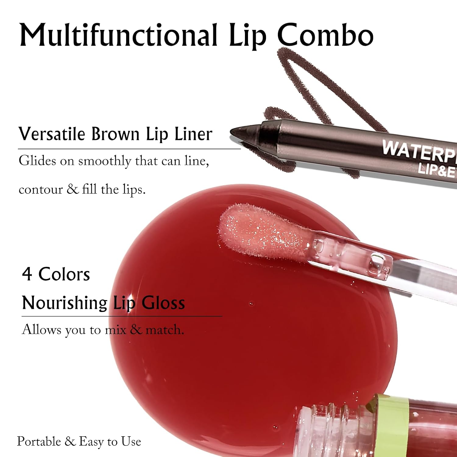4 Colors Hydrating Lip Oil with Brown Lip Liner Set, Moisturizing Lip Combo High Pigmented Lightweight Glossy Liquid Lipstick and Lip Liner, Smooth Plumping Lip Kit Non-sticky Makeup Present, A
