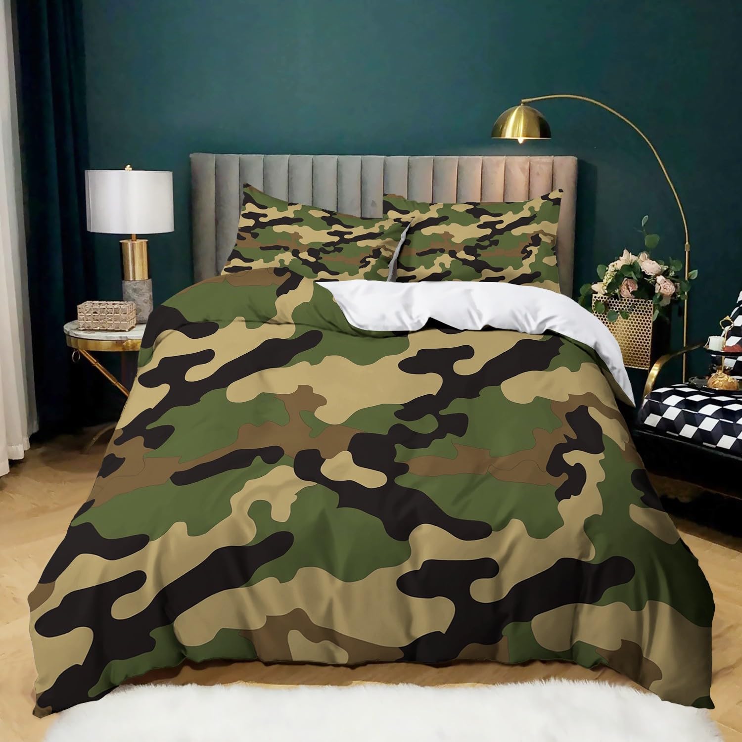 Housse de couette 140x200 camouflage militaire vert pour lit 1 personne en microfibre