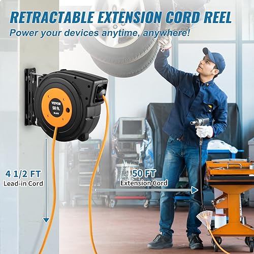 Miniatura 2 de VEVOR Carrete de cable de extensión retráctil, cable de alimentación SJTOW resistente de 50 pies 14 AWG3C con salida triple iluminada, disyuntor de