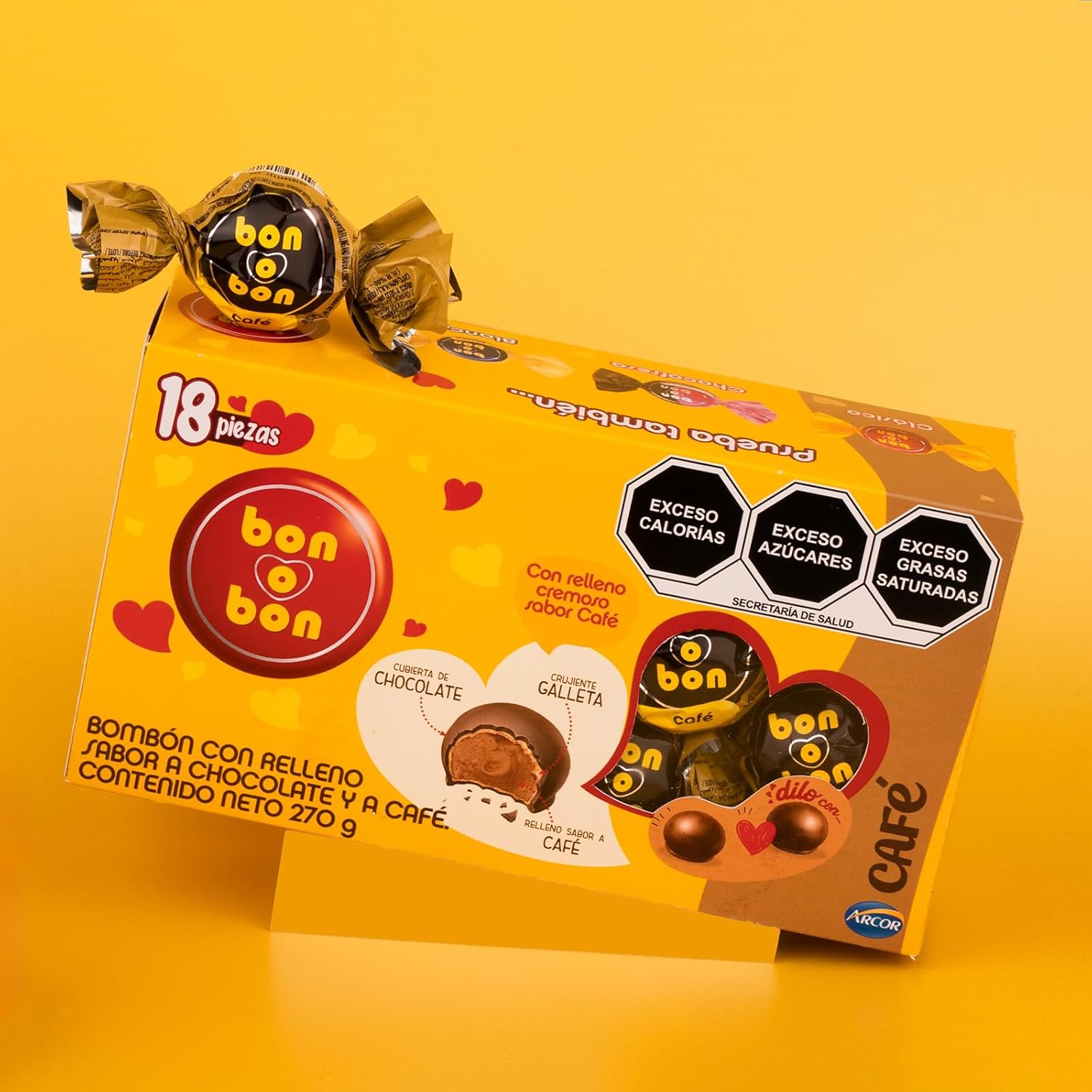 Arcor Bon O Bon with Chocolate and Coffee Flavor Filling and Wafer - Pack of 18 270g Authentic Mexican Candy with Free Kinder Bar