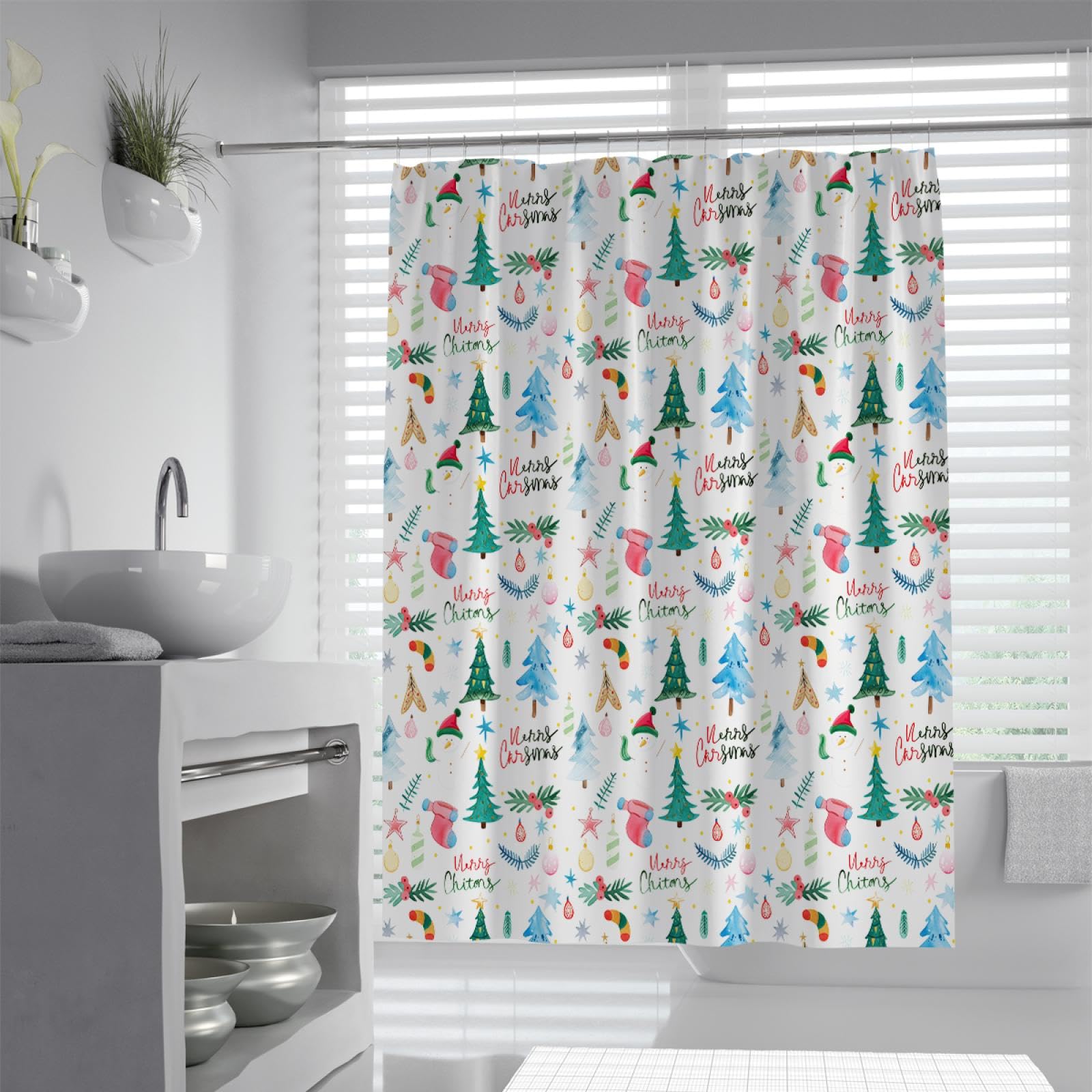 Cortina de Ducha con Tema navideño con Ganchos Calcetines Impermeables de árboles de Dibujos Animados Estrellas Cortinas de Ducha de Tela de Granja Ligeras para baño 200Bx200Lcm
