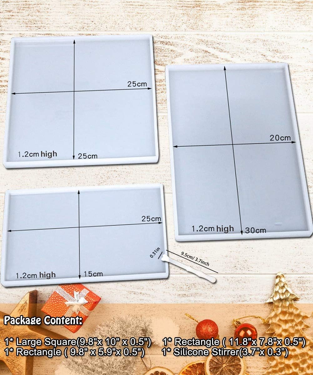 Large Silicone Mould Set - 3Pack Oversize Trays, Square 10in, Rectangle Shape, 1 Silicone Stirrer, DIY Resin Coaster Kit