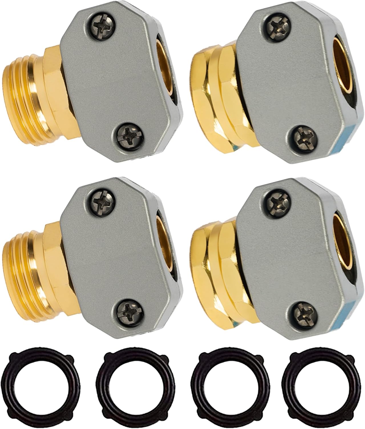 Hourleey Garden Hose Repair Kit: 2 Sets Aluminum Alloy Male/Female Fittings for 5/8" & 3/4" Hoses + Clamps & Washers
