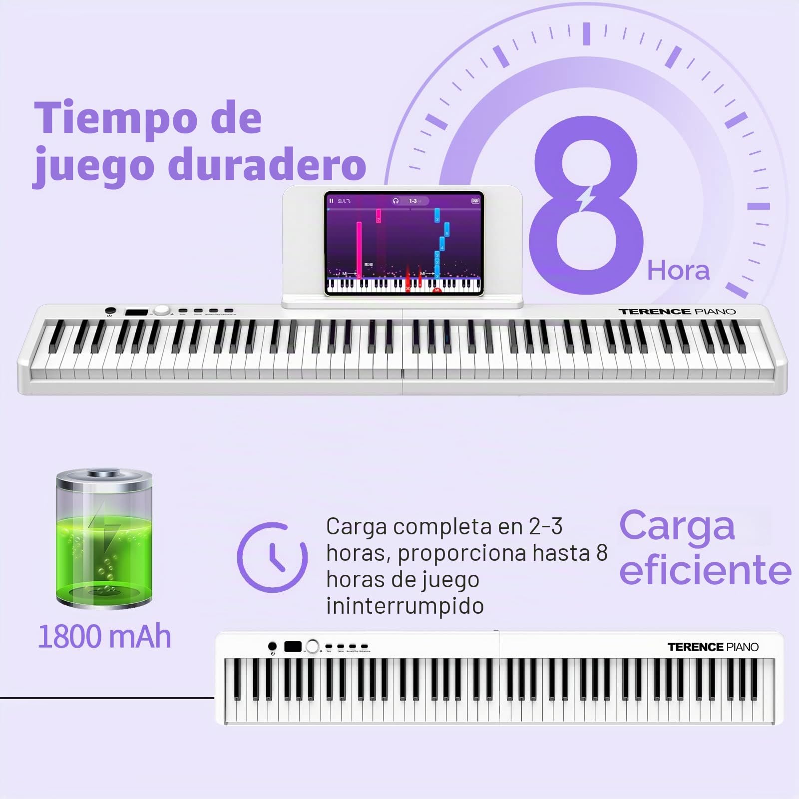 TERENCE Plegable Pianos digitales portátil con 88 teclas semi-ponderadas y batería de 1800mAh interfaz MIDI soporte para partituras bolsa adhesiva cable de audio auriculares pedal de sostenido Blanco