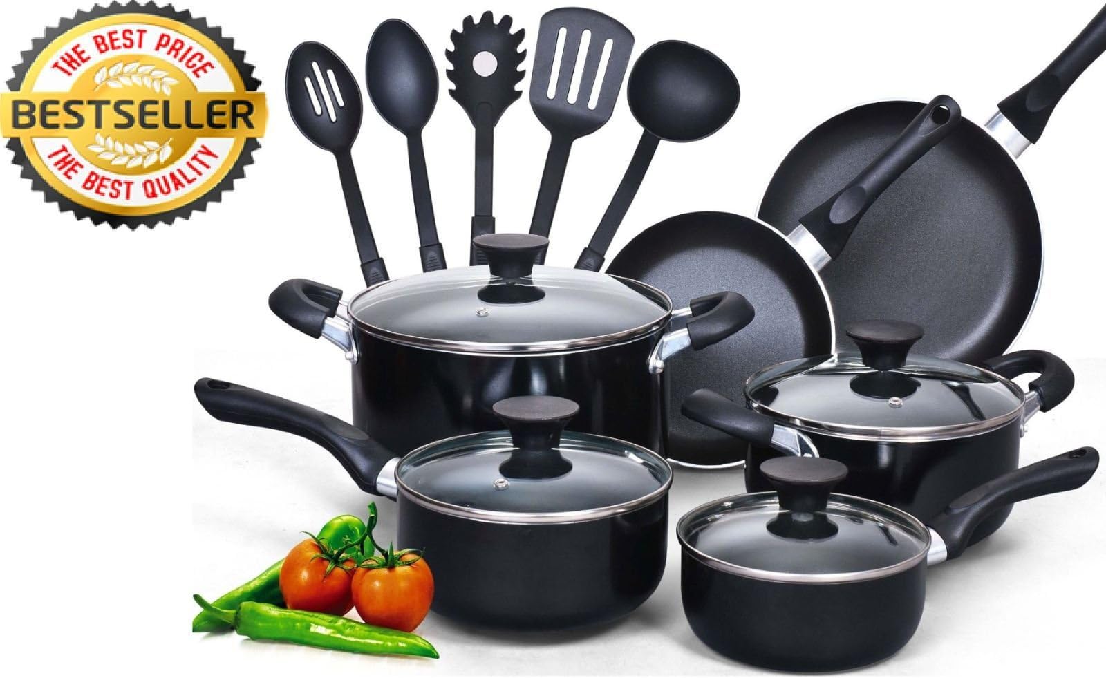 New! Cook N Home 15 Piece Non Stick Black Soft Handle Cookware Set Kitchen