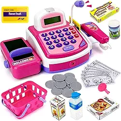 Caixa Registradora Infantil com Calculadora, Microfone, Luz e Acessórios, Rosa e Azul, 30 cm