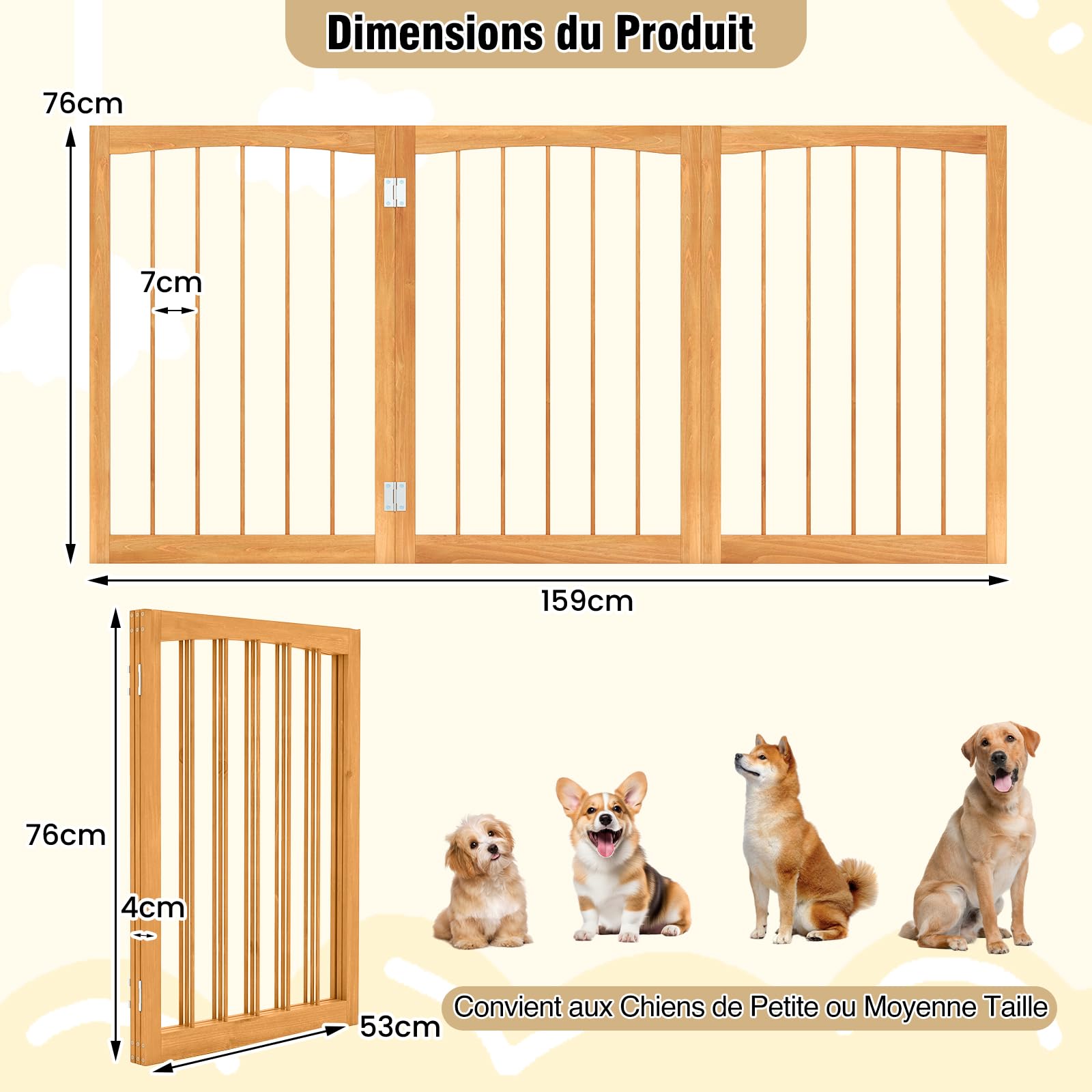 COSTWAY Barriere de Securite Chien, Barrière Chien Pliable à 3 Panneaux, Cadre en Bois de Sapin, Charnières Flexibles, Barrière Chat Chiot pour Escalier Salon Cuisine, 159 × 76 cm (Naturel)