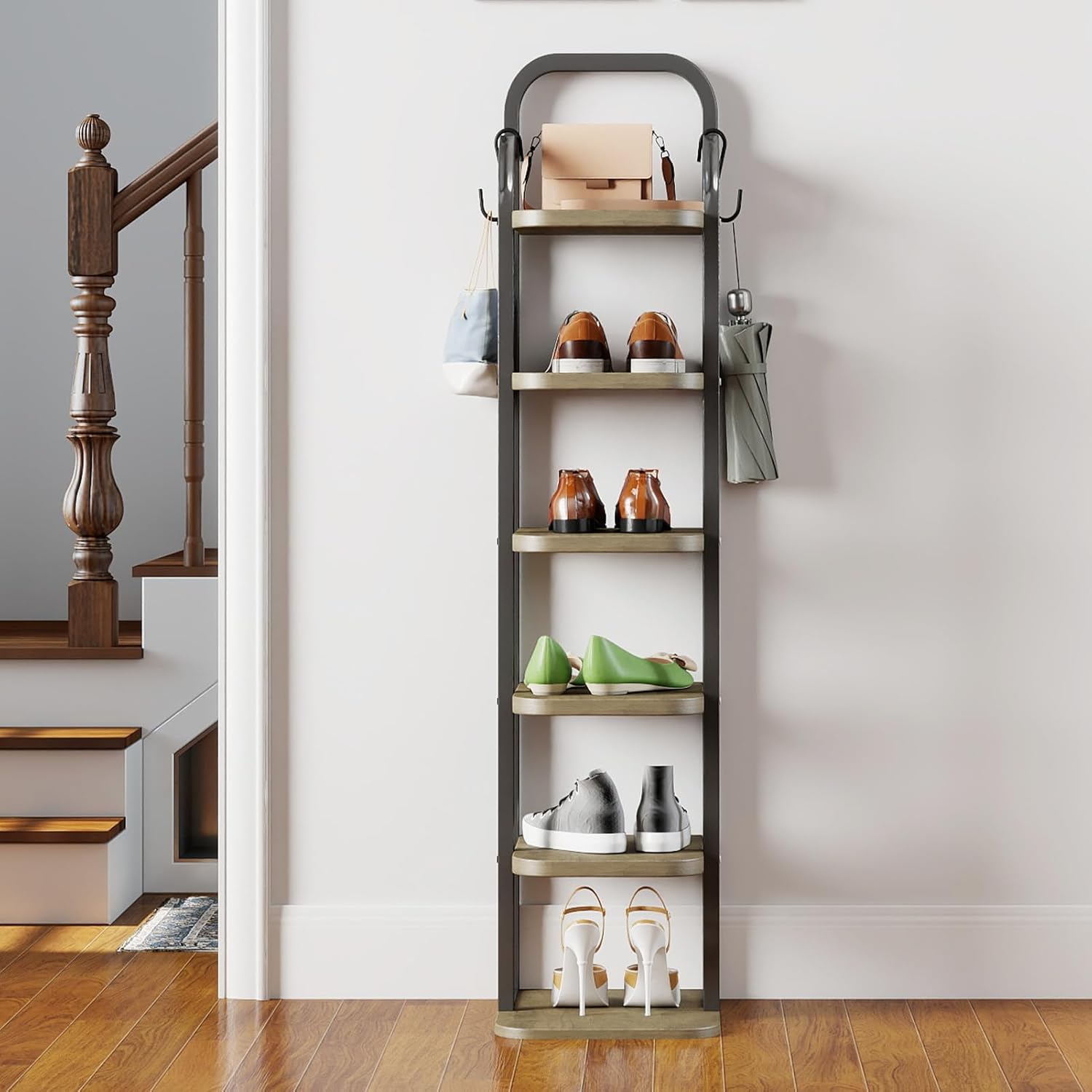 ITEFDTUTNE 6 Tiers Vertical Shoe Rack, Narrow Shoe Tower Adjustable Shelves Wooden Tall Shoe Rack with 2 Hooks, Corner Shoe Storage Organizer for Small Spaces, Entryway, Living Room