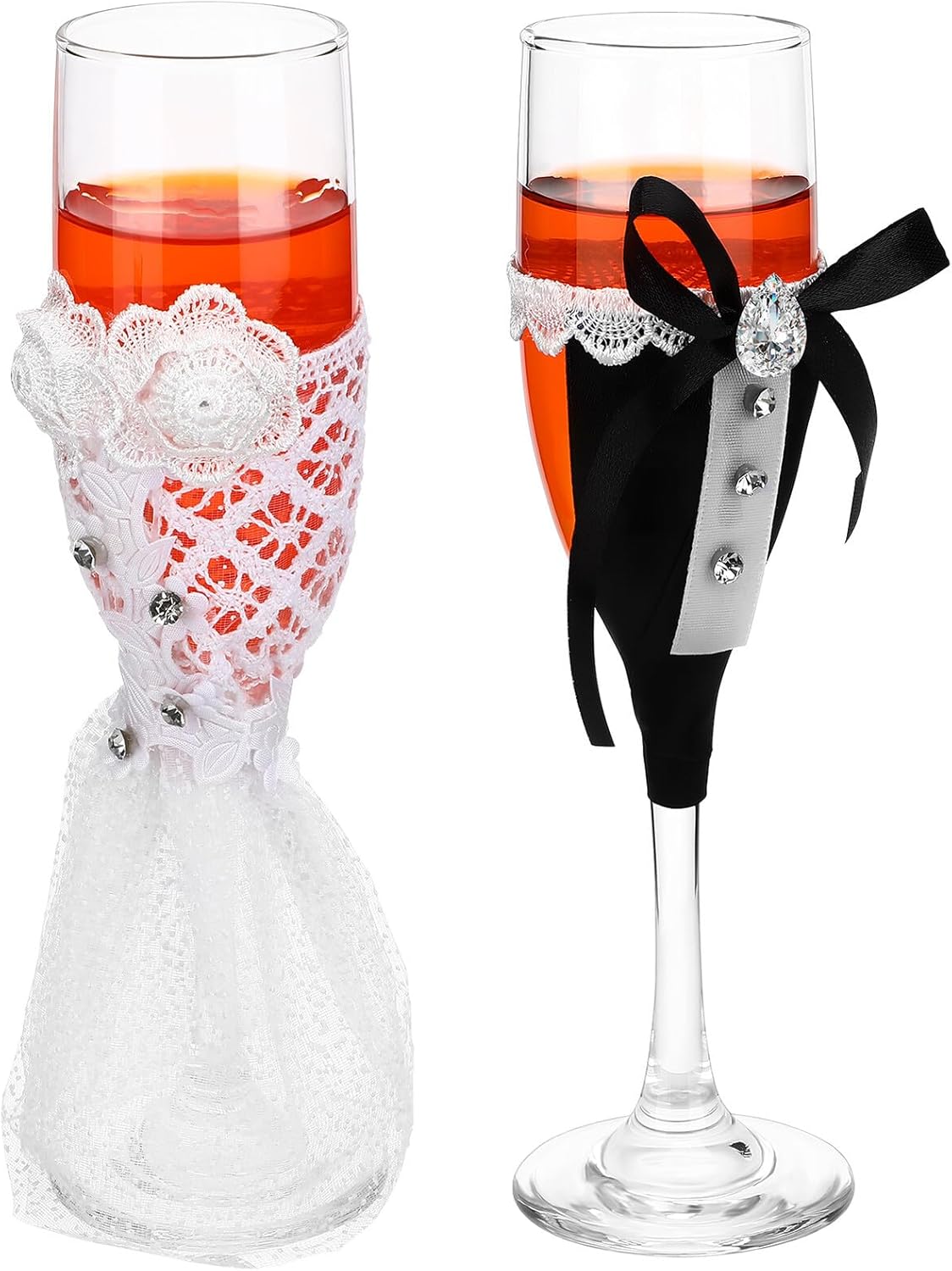 Wedding Toasting Flutes for Bride and Groom Set, Tall Black and White Goblet Glasses for Engagement and Bridal Shower, Decorative Marriage Wine Cups with Bottle Covers