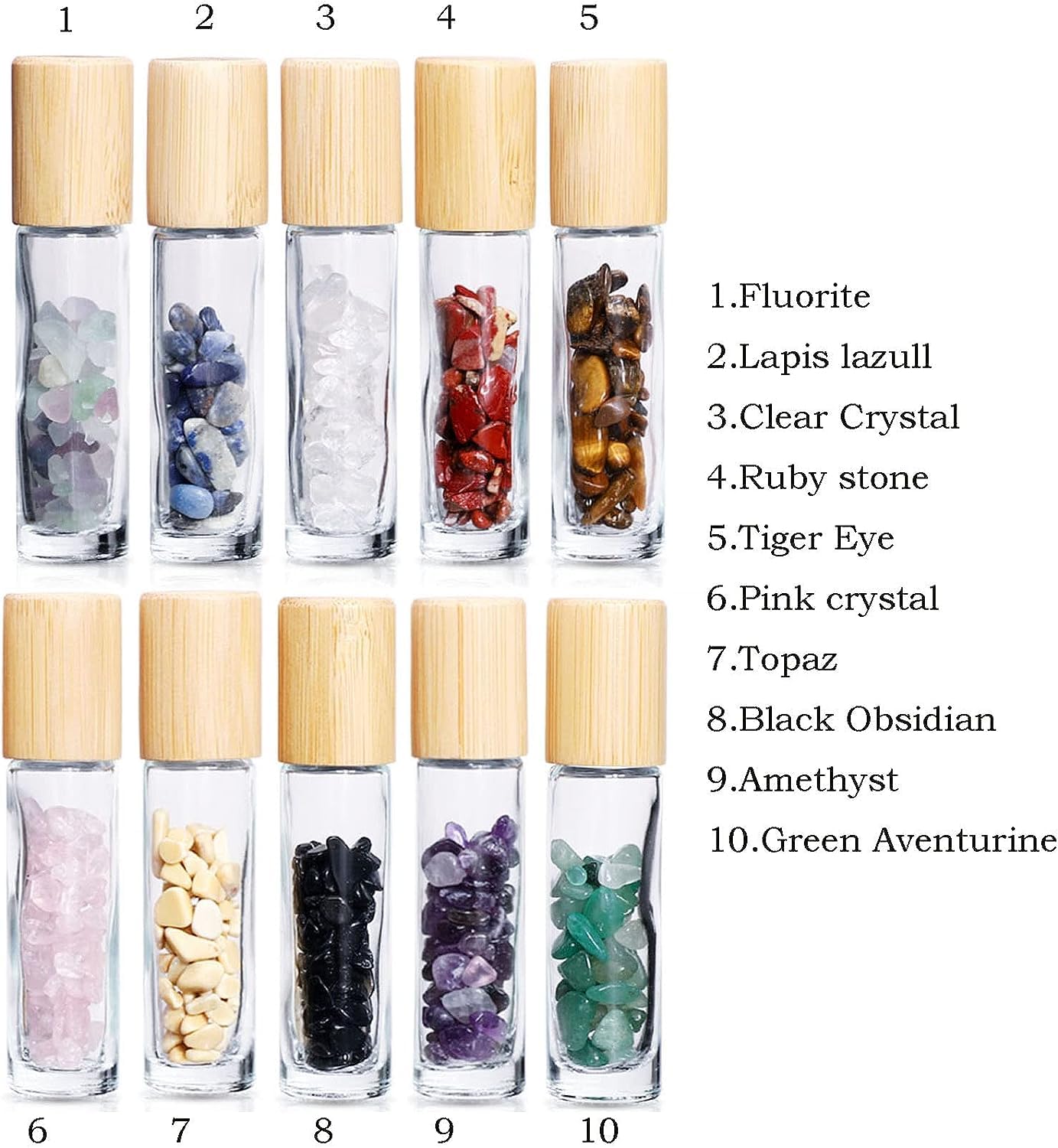 10 Pcs flaconi a rullo con pietre preziose 10 ml, flaconi per campioni con tappi in bambù per oli essenziali, profumi, aromaterapia