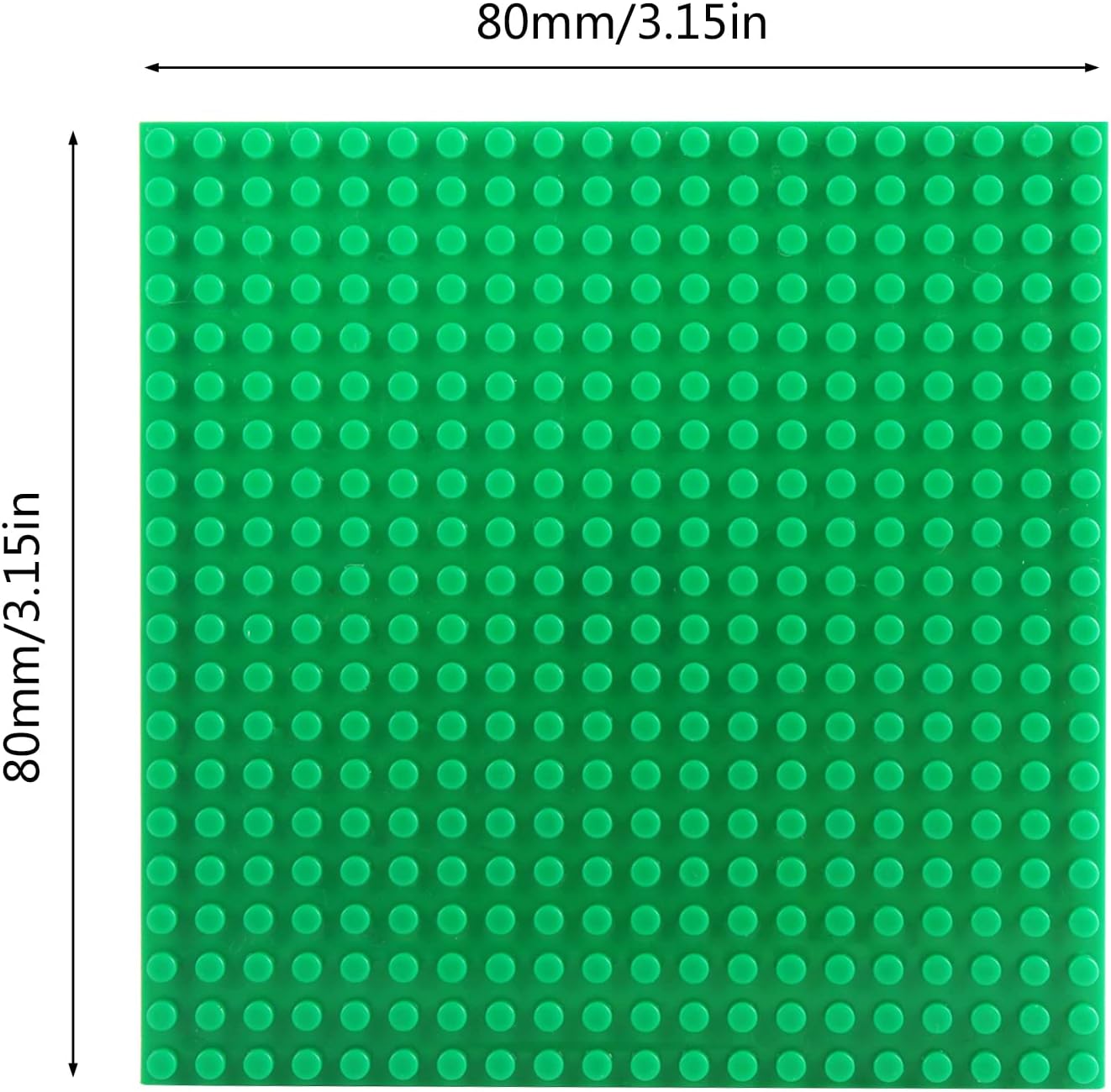 A close-up view of a green micro building block base plate, showing the precise dimensions of 80mm by 80mm (3.15 inches).
