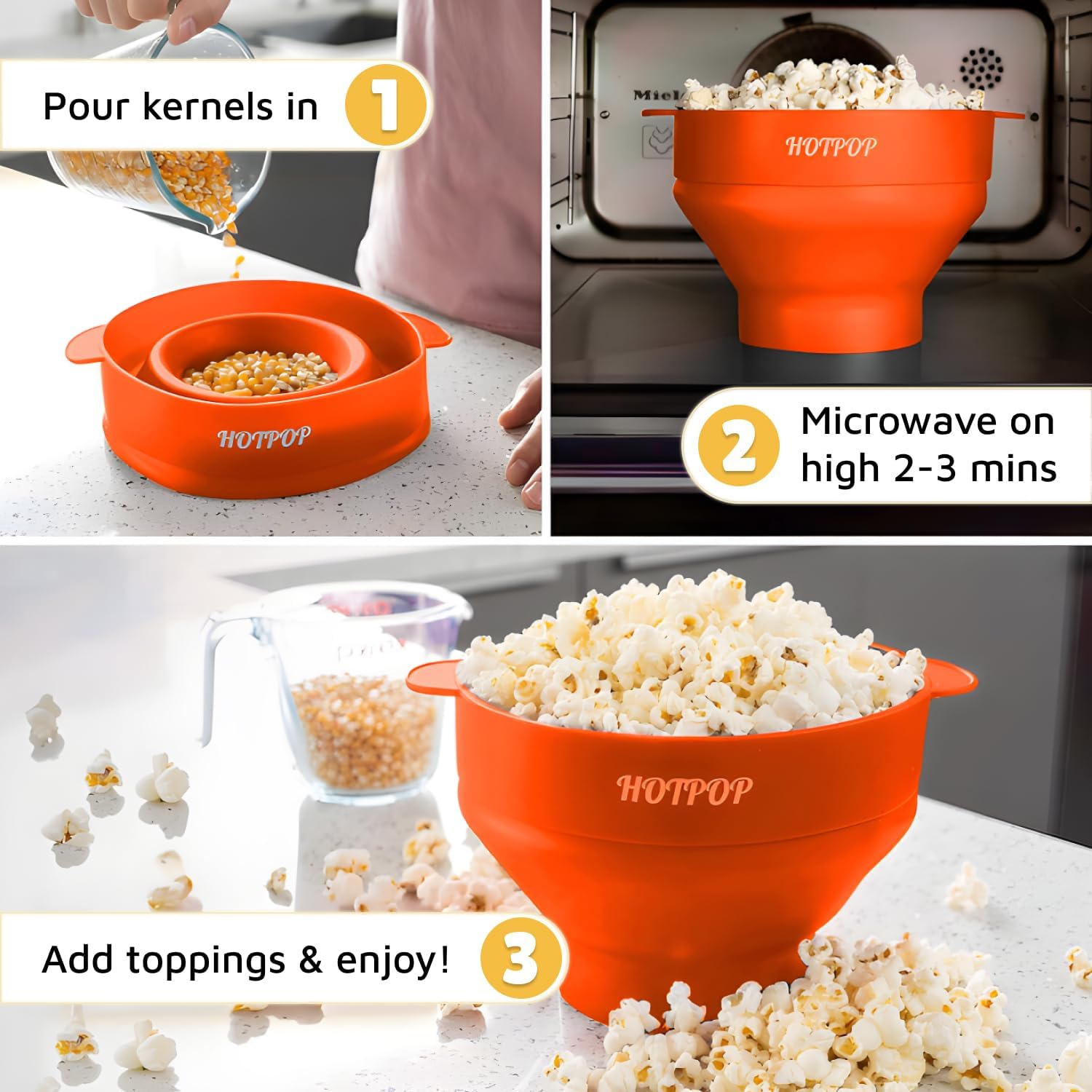 POPCO Popcorn Popper Microwave Collapsible - Large Microwave Popcorn Maker with Handles - Dishwasher Safe Silicone Pop Corn Bowl - Ideal for Quick Snacks - Orange C image 5