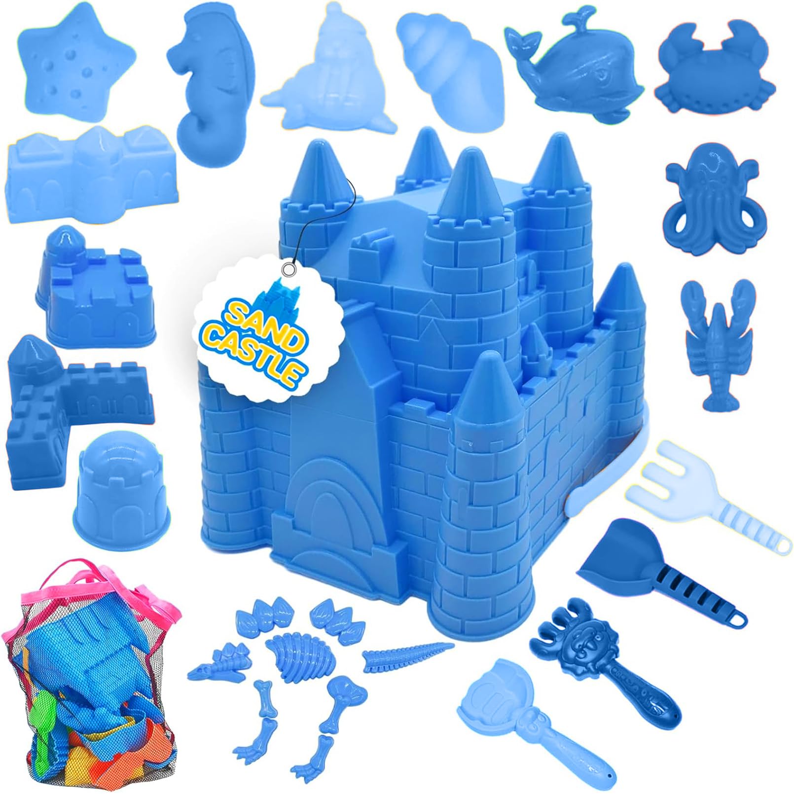 SupMLC Beach Toys 27 pcs Sand Toys, Sand Castle Building Kit Sand Toys for Kids - with Sand Bucket, Mesh Bag, Shovels and Rakes, Sandbox Toys for Toddlers Kids