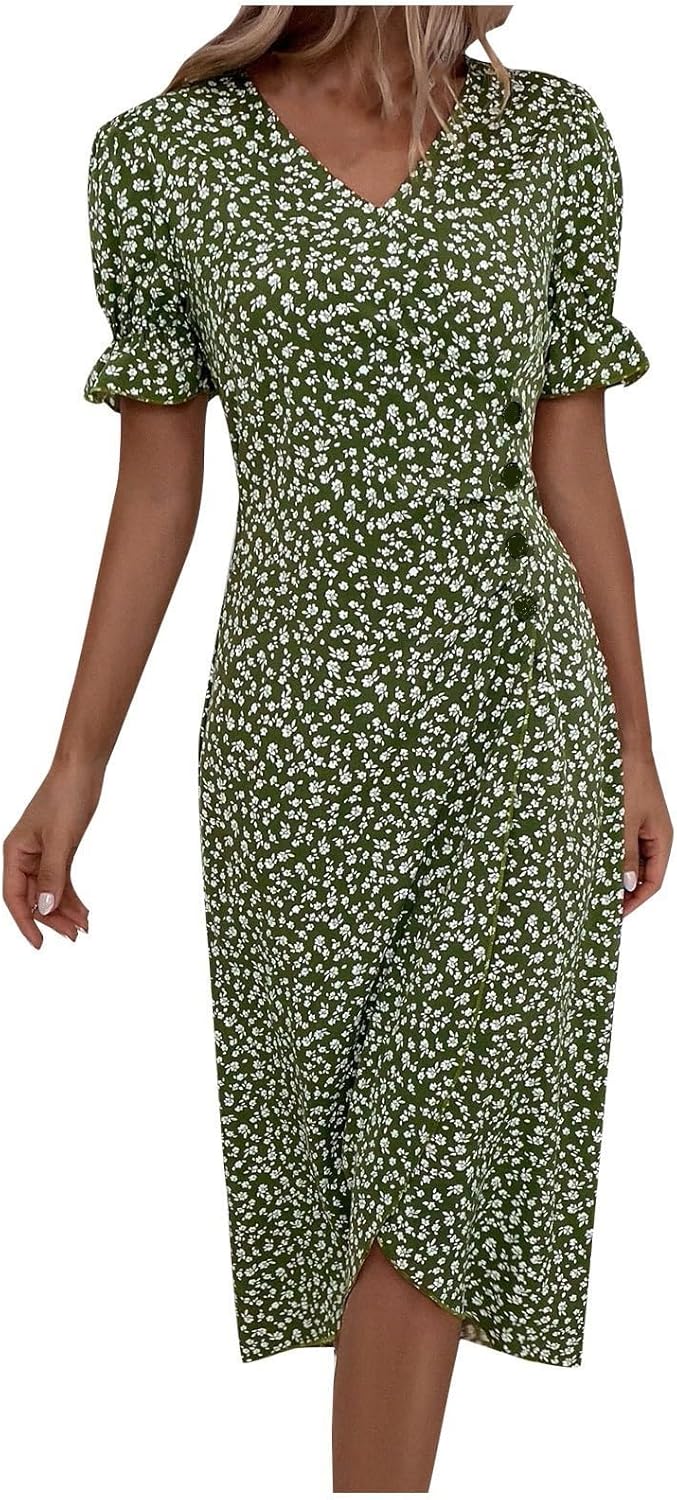 Women's Elegant Floral Print Midi Beach Dress with Short Sleeves and Button Detail Perfect for Summer Outings
