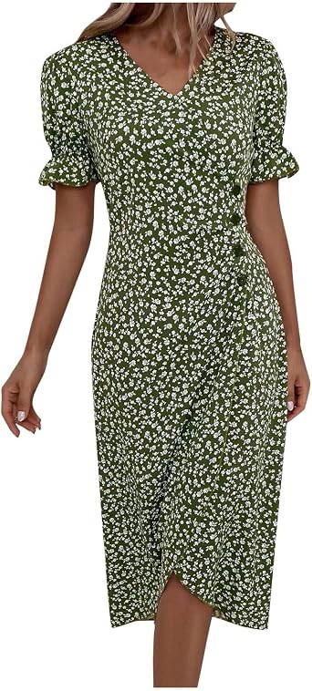 Womens Summer Wrap Midi Dress Casual Boho Floral V Neck Short Sleeve Ruffle Hem Split Beach Long Dresses