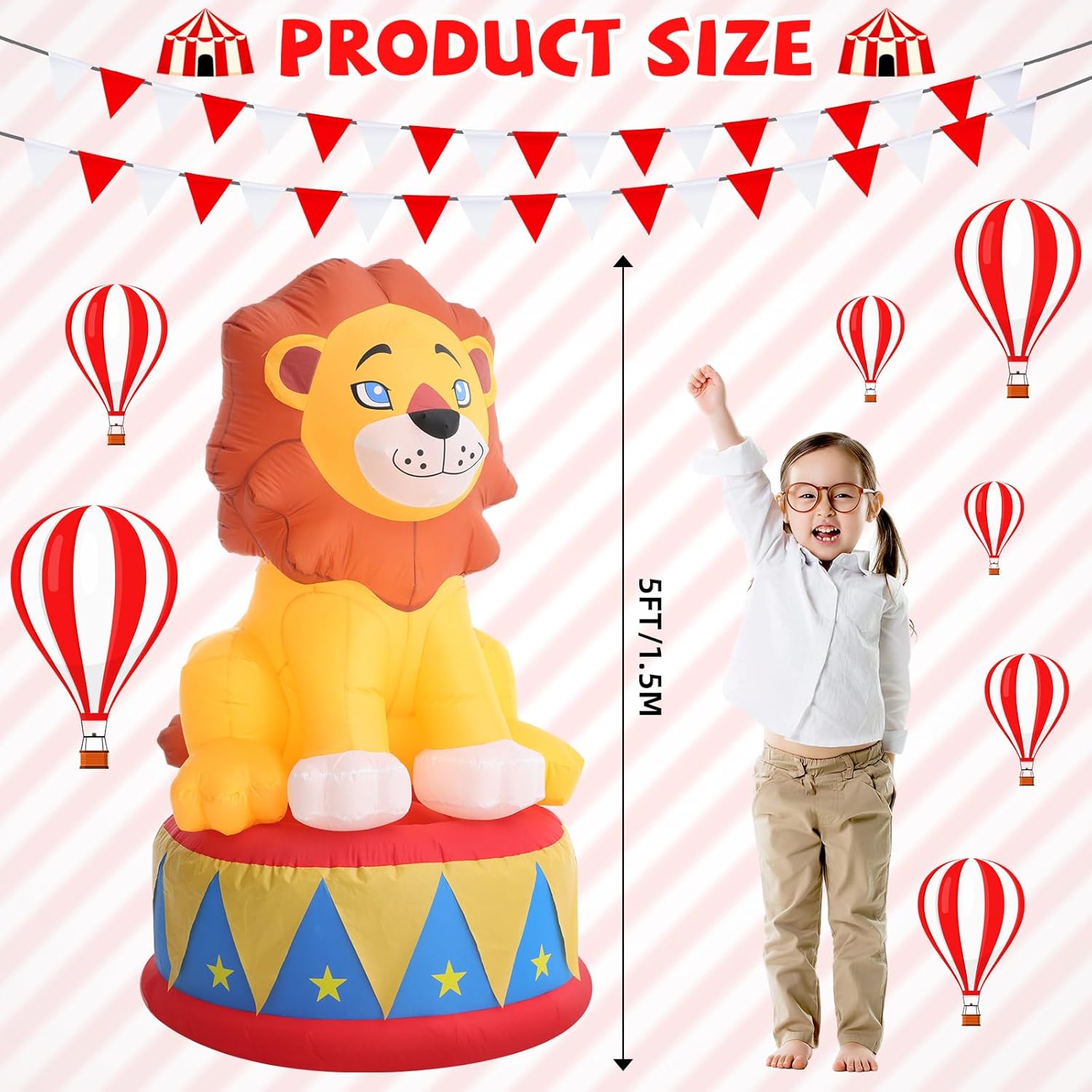 Silipull LED 5 FT Inflatable Lion for Circus Carnival Party Outdoor Decorations, Carnival Theme Birthday Party Blow up Animal for Outdoor Indoor Pool Yard Decorations