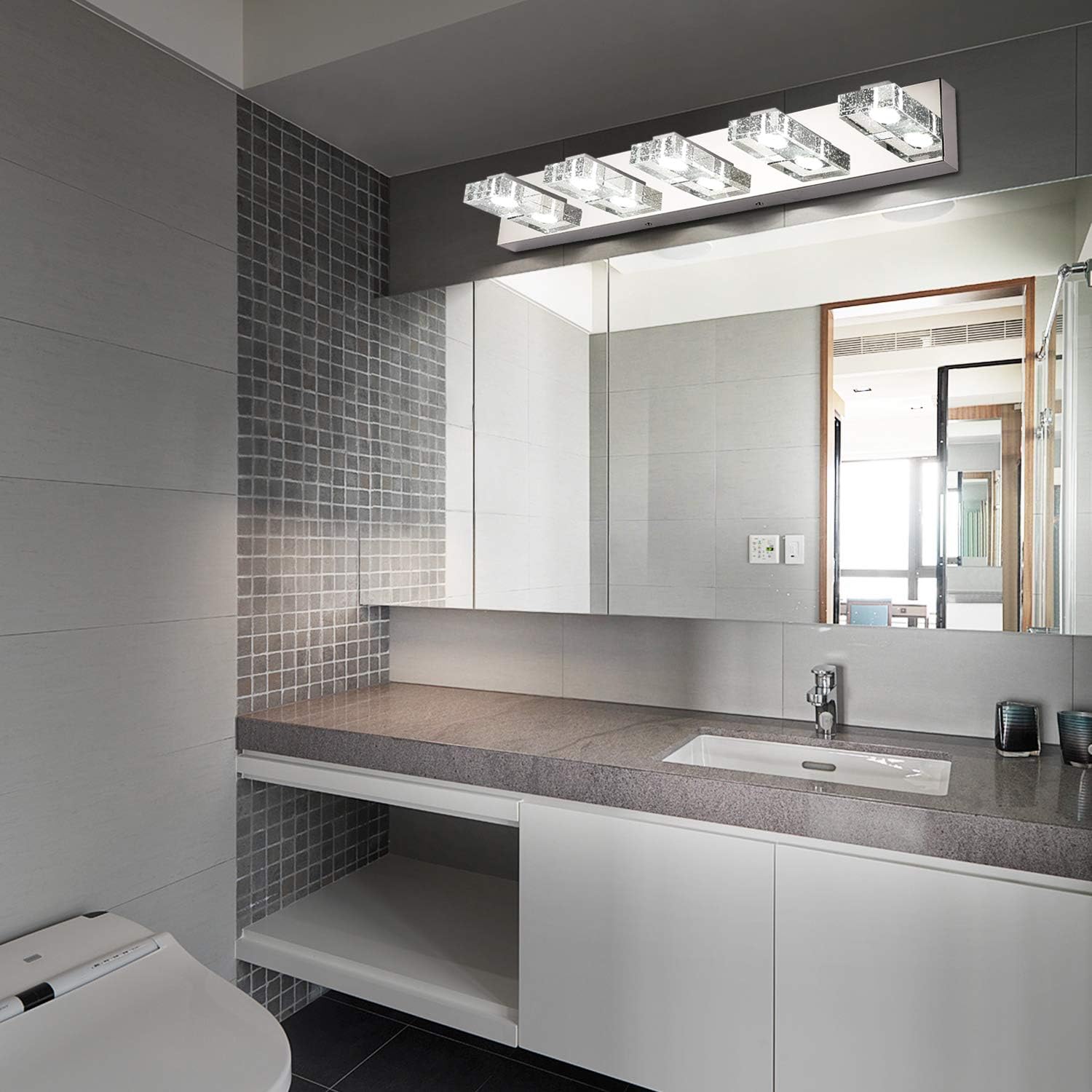 Best Cyber Deals 🔥 SOLFART 5 Lights 31.5 Inches Modern Glass Stainless Steel Vanity Light Over Mirror Long Bathroom Lighting Fixtures LED Vanity Light