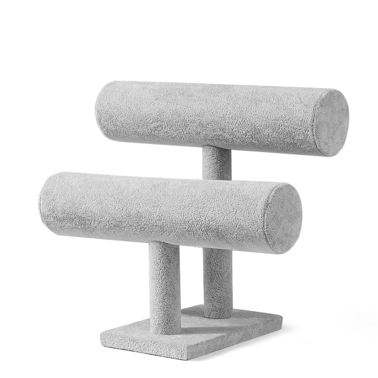 Flexzion Women's Gray Velvet Bracelet Holder - 2-Tier Bracelet Stand Display Storage - Detachable T-Bar Bracelet, Anklet, Bangle Holder Organizer For Men, Girls - Bracelet Display Stand For Vendors