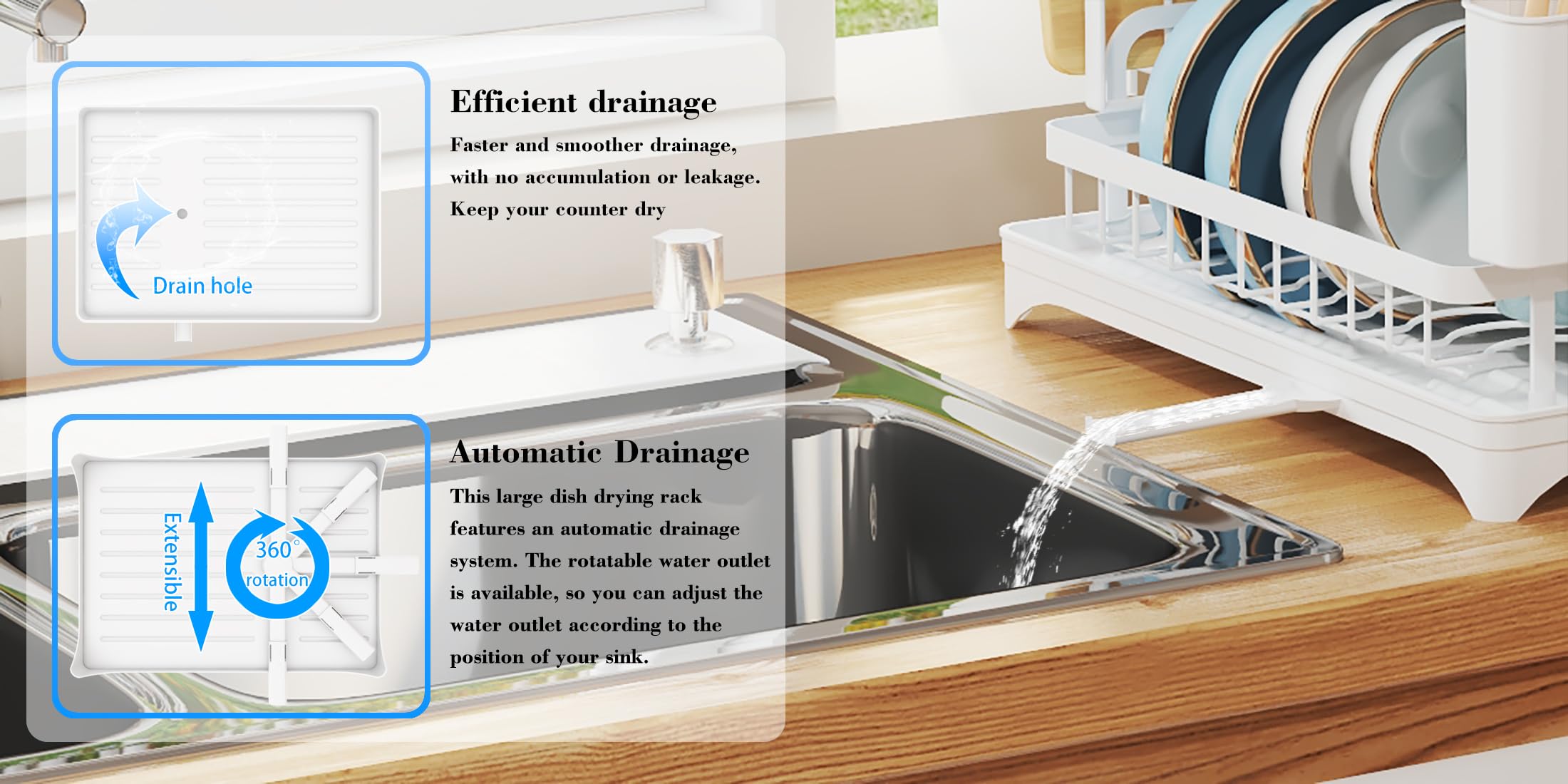 Escurridor para platos, soporte para utensilios de 2 niveles, resistente al óxido, con escurridor y soporte para utensilios para encimera de cocina, accesorios de cocina (blanco)