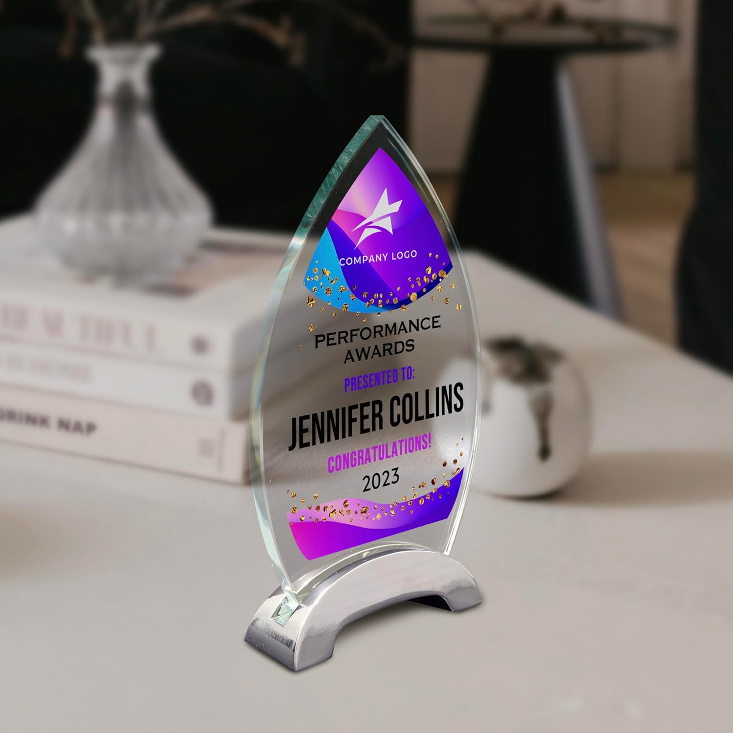 7 1/2" Personalized Glass Plaque for Awards and Trophies, Custom Award for Employee of the Month, Retirement, Leadership and Appreciation Gift F (D1)